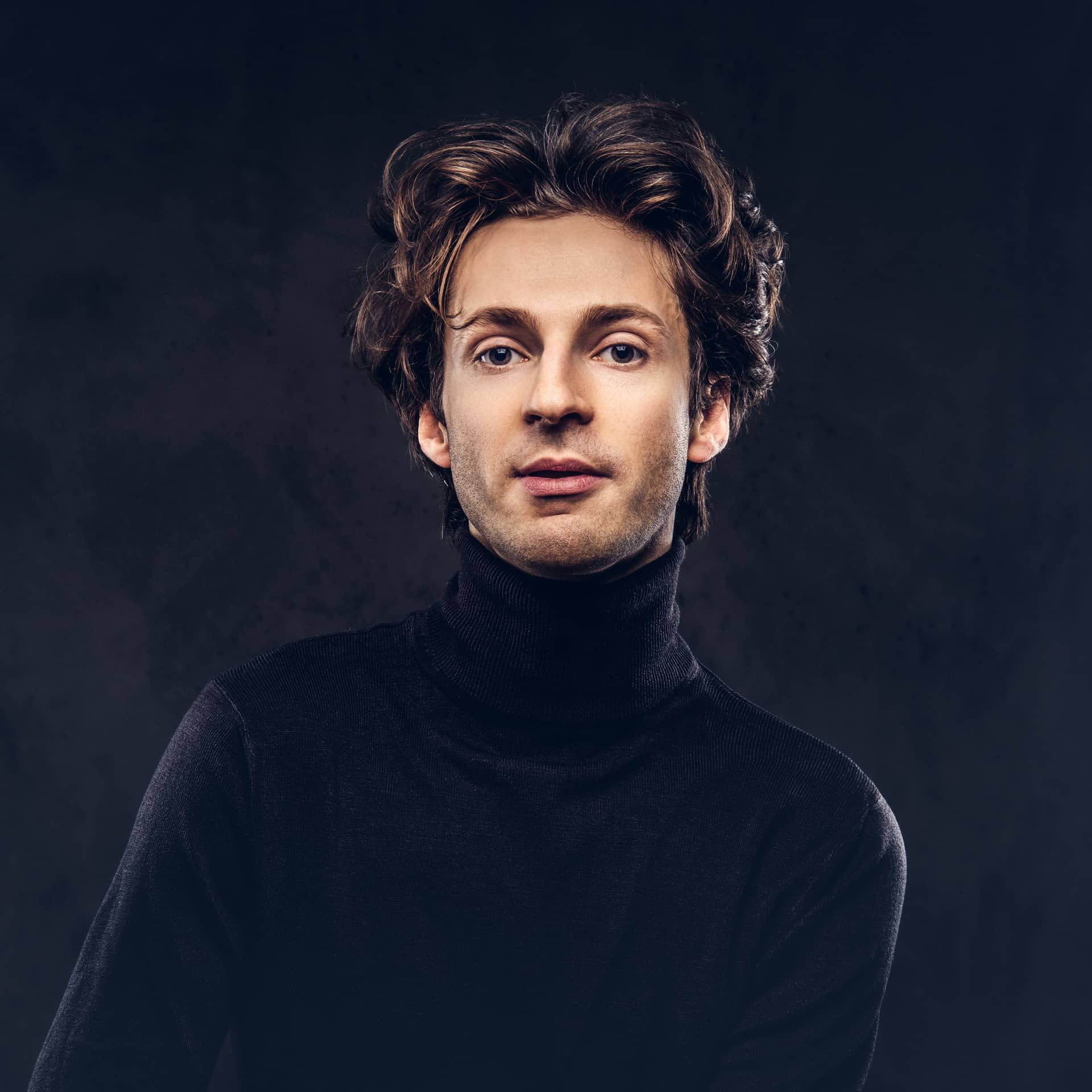 Portrait charismatic sensual male black sweater creative personality image