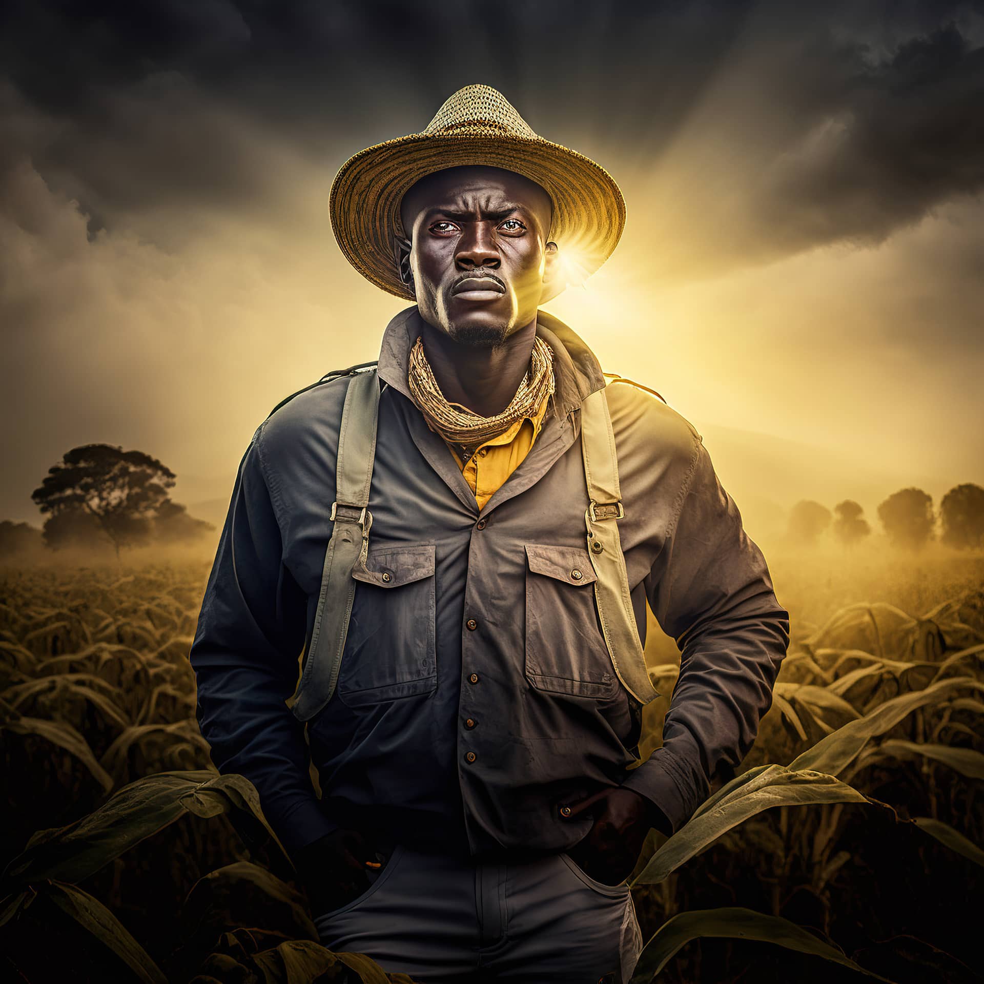 Digital illustration african farmer sunset