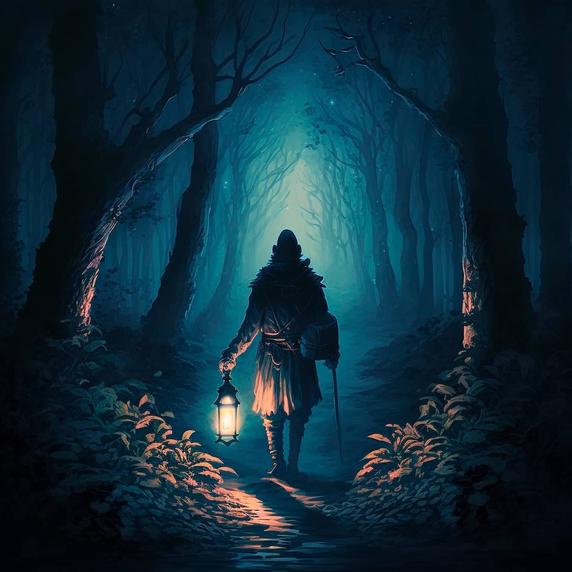 Man walks night lighting his way with lamp image