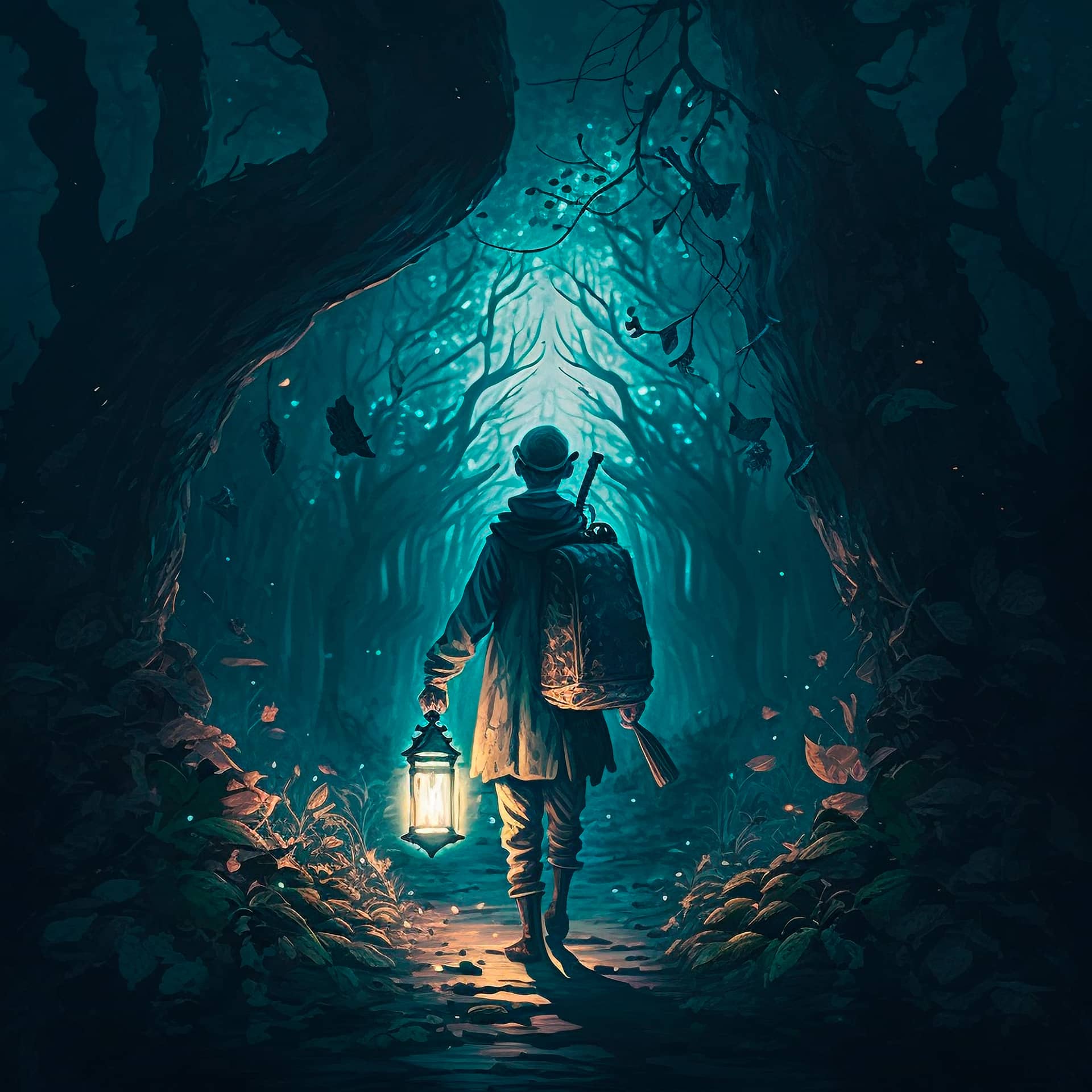 Man walks night lighting his way with lamp