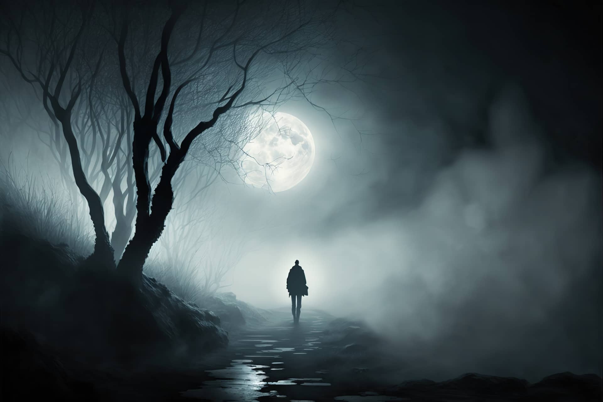 Person walking alone foggy night underneath pale moonlight image