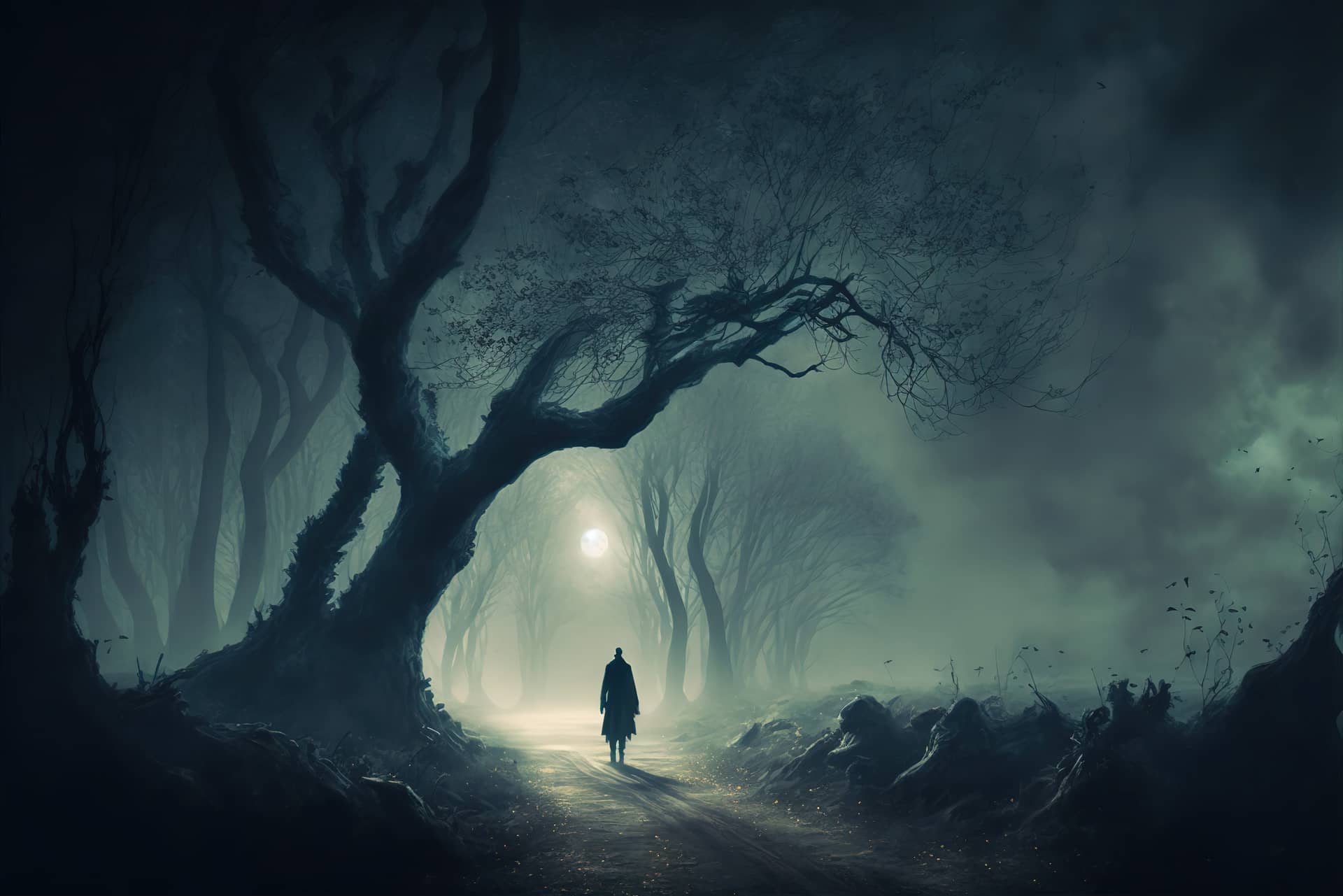 Person walking alone foggy night underneath pale moonlight picture
