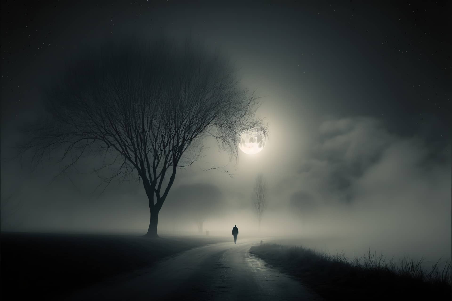Person walking alone foggy night underneath pale moonlight
