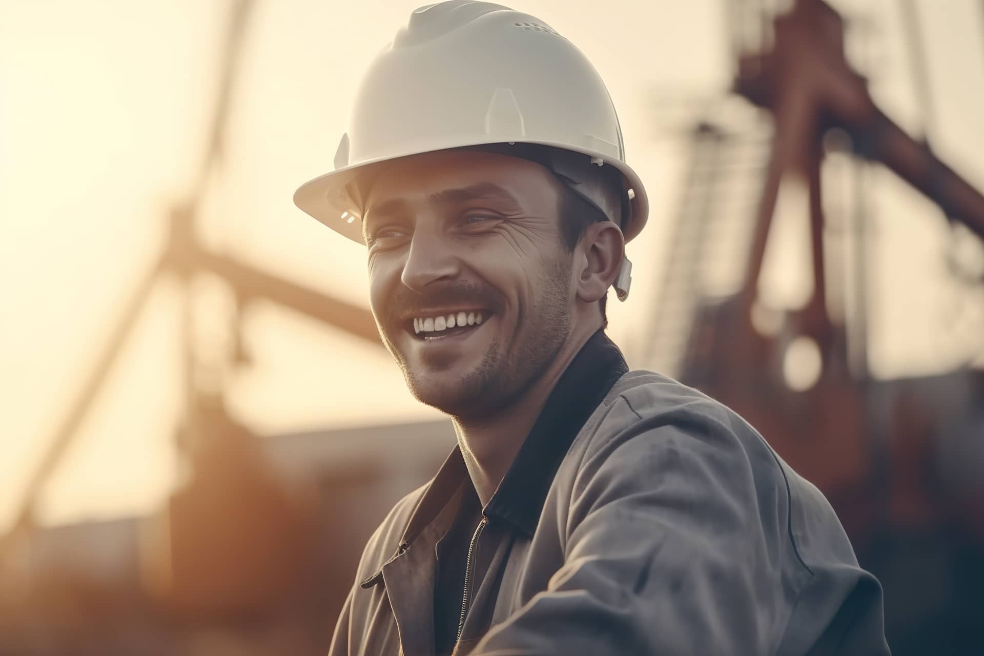 Man wearing hard hat smiles camera while standing construction site