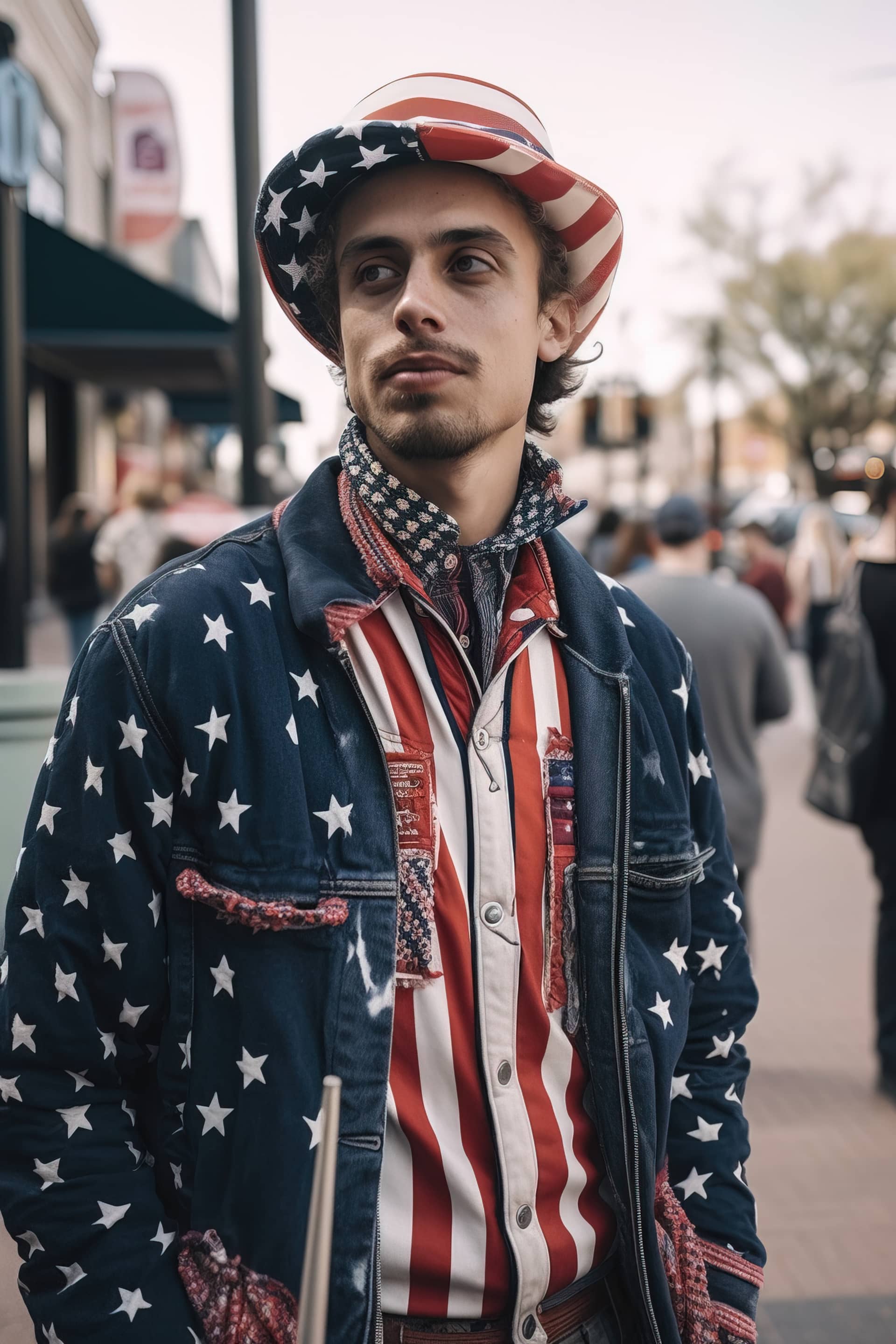 Men profile pic man american flag jacket stands street