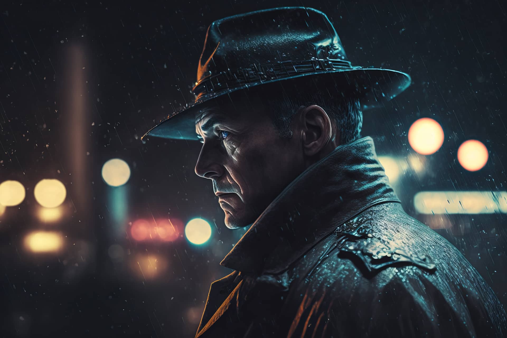 Portrait male detective noir style raincoat hat night city