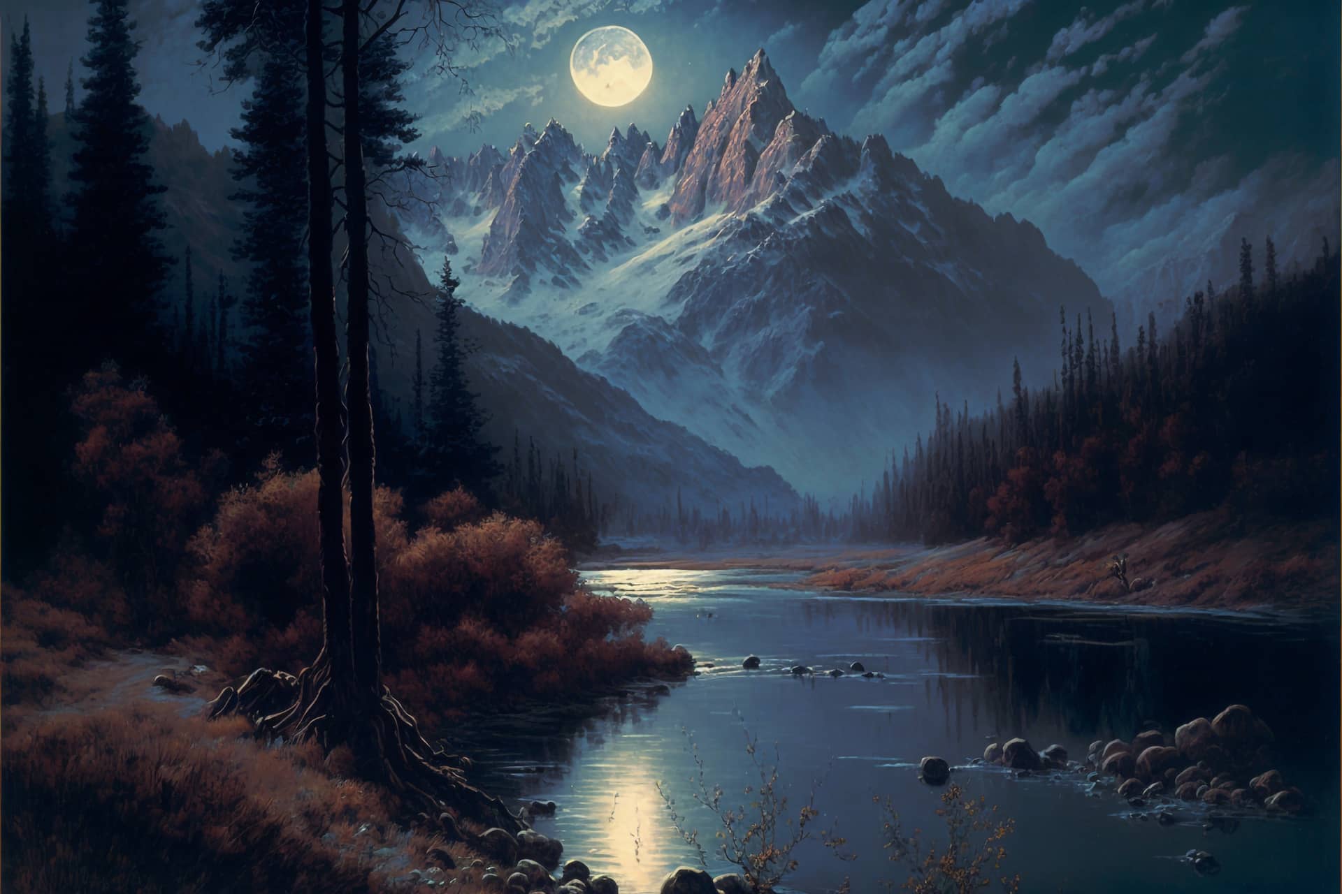 Admirable painting landscape moonlight forest river
