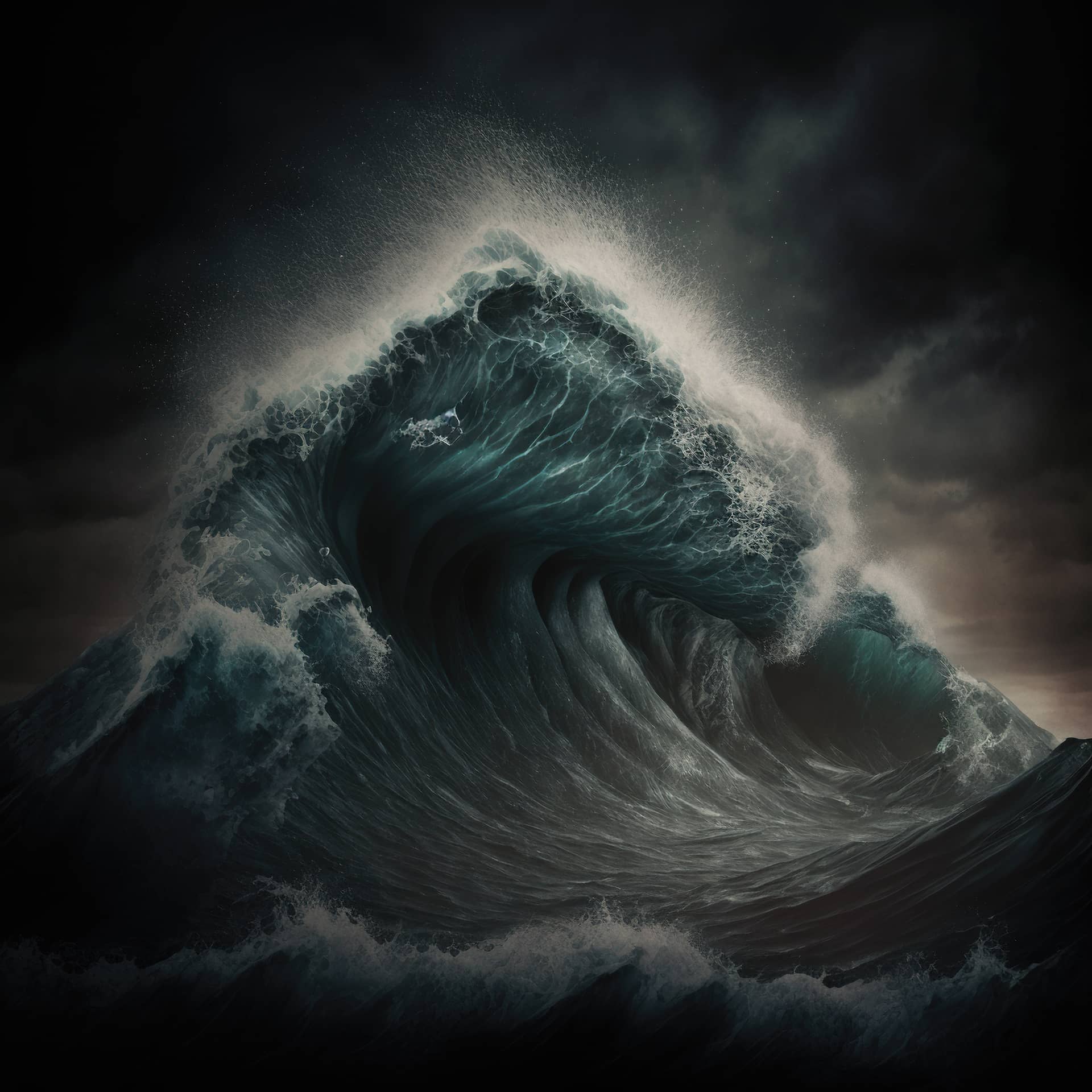 Apocalyptic dramatic background giant tsunami waves dark stormy sky generative