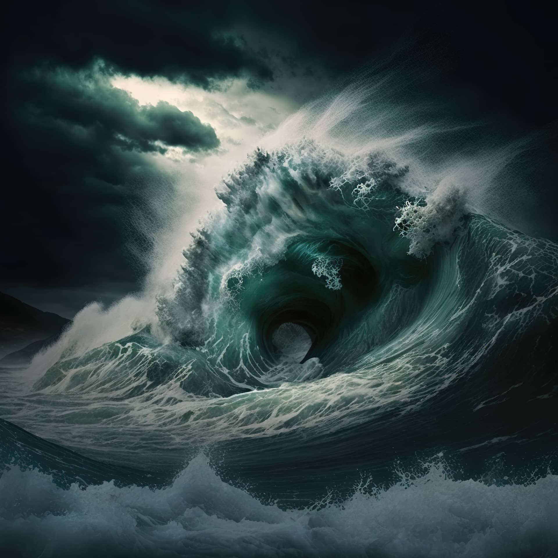 Dramatic background giant tsunami waves dark stormy sky generative image