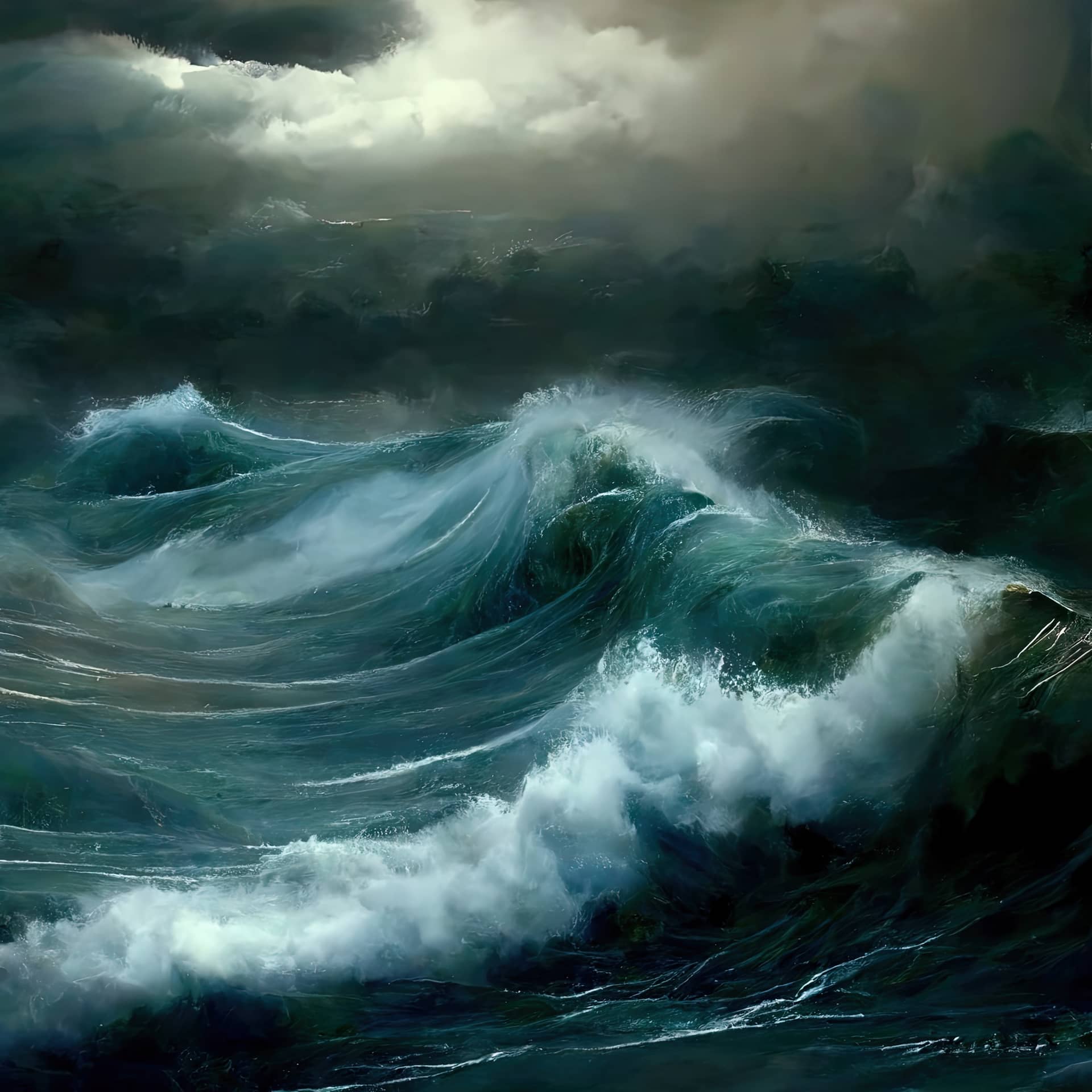 Middle ocean with huge waves grey sky generative generative image