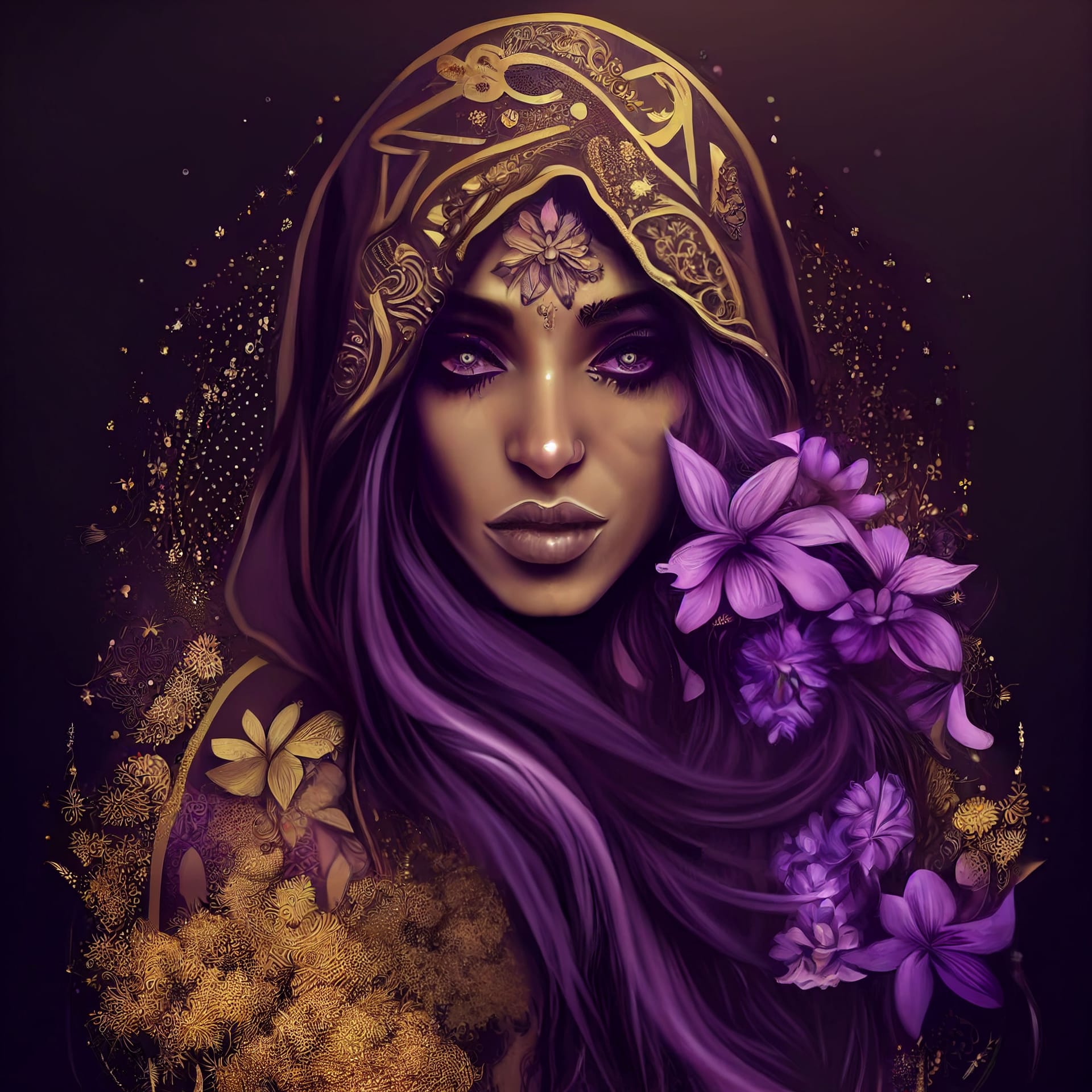 Beautiful arab woman with hijab portrait golden purple flowers luxury digital art