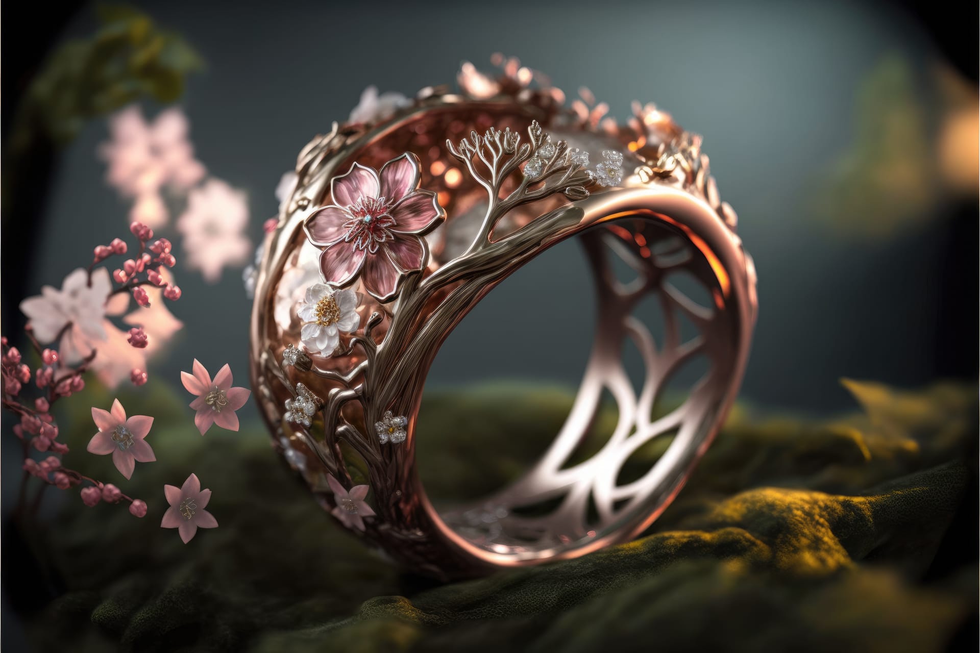 Beautiful female engagement ring with flowers pink gold tones blurred pink profile picture