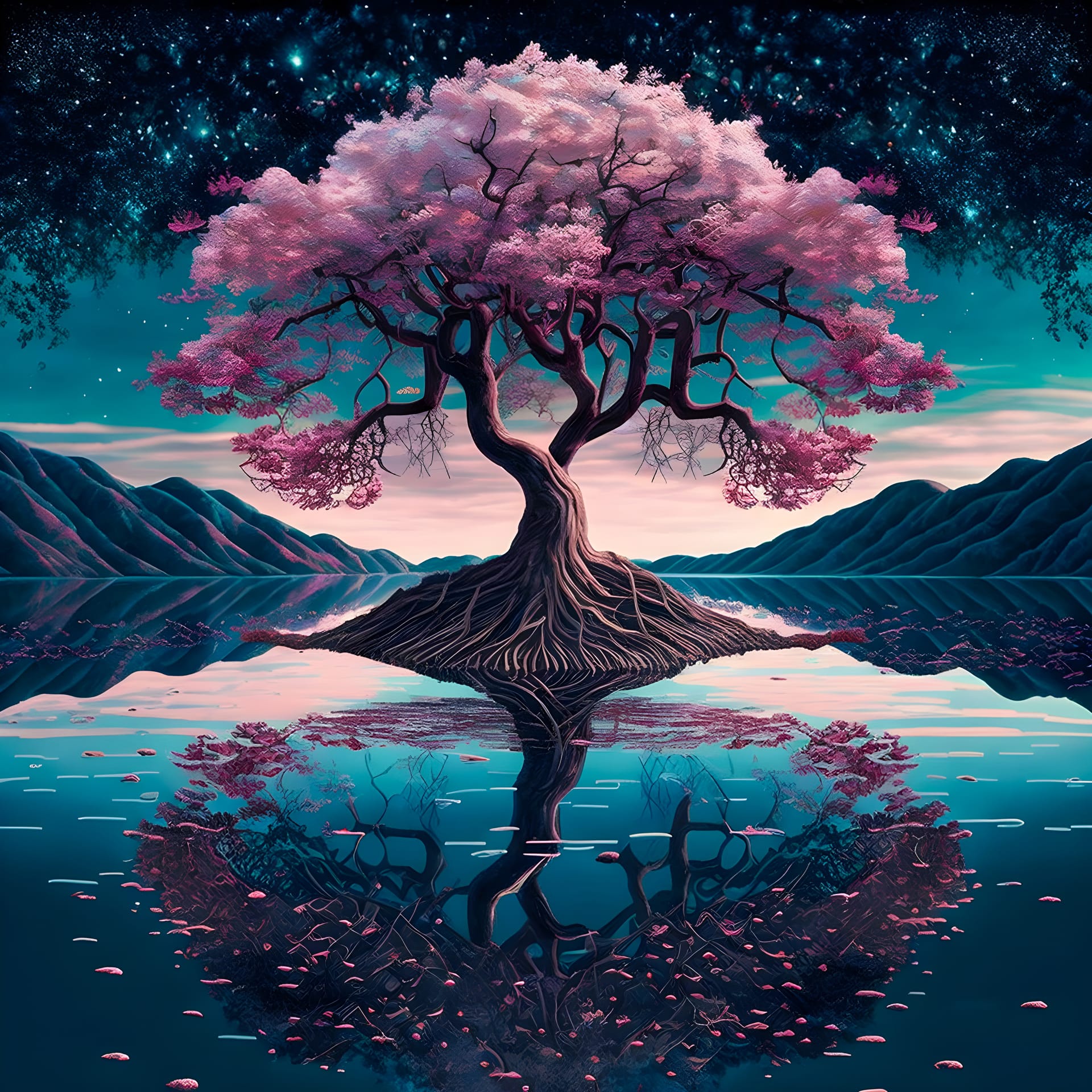 Cherry blossom tree reflective body water illustration