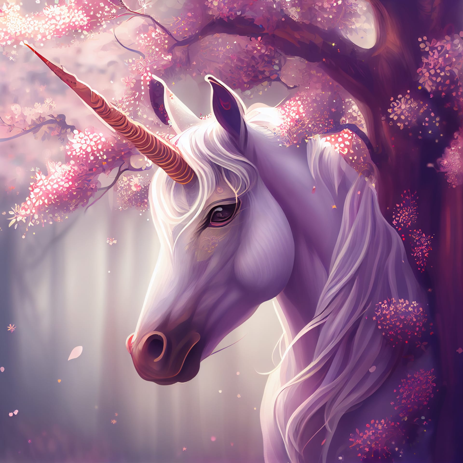 Cute fantasy unicorn cherry blossom sakura tree illustration fine picture
