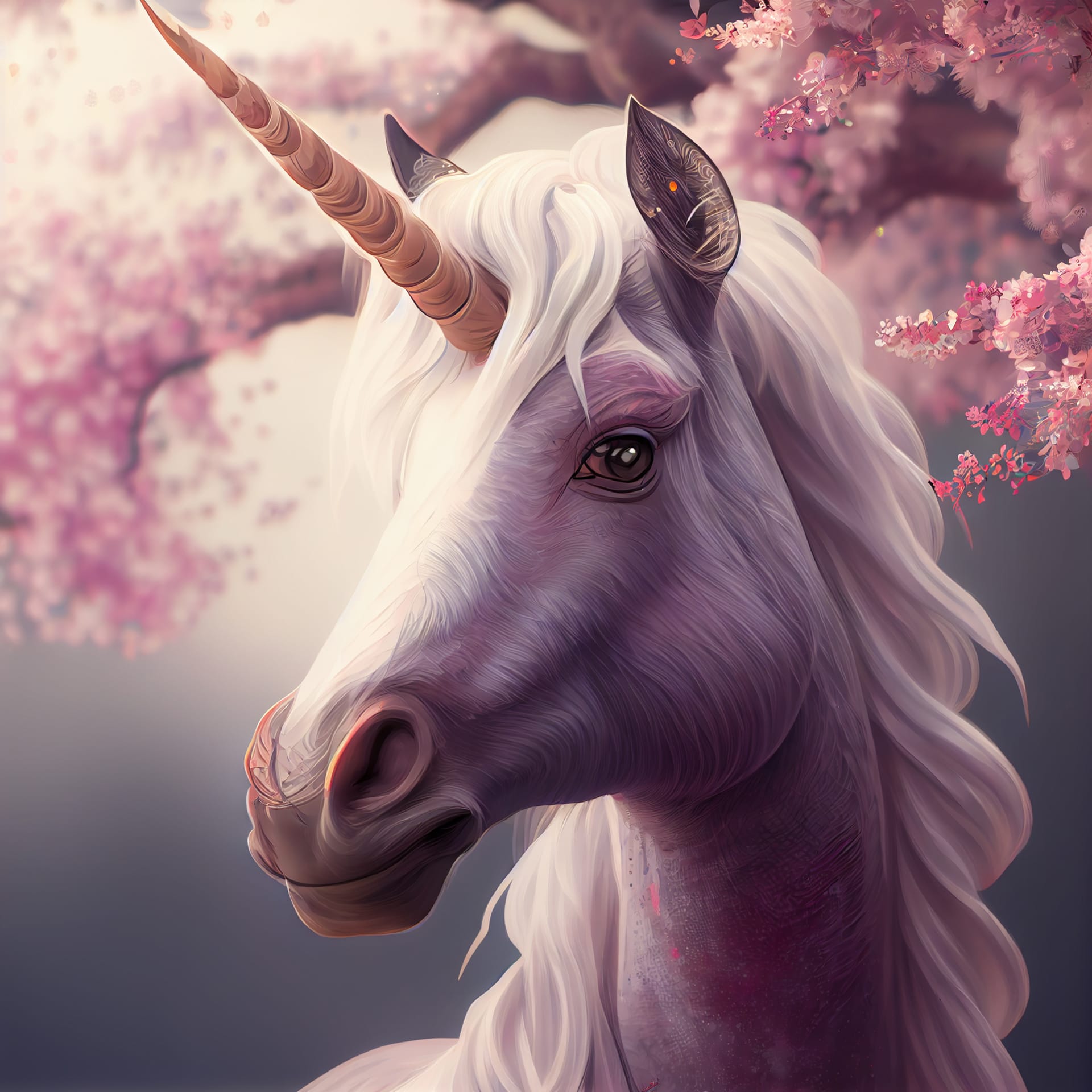 Cute fantasy unicorn cherry blossom sakura tree illustration