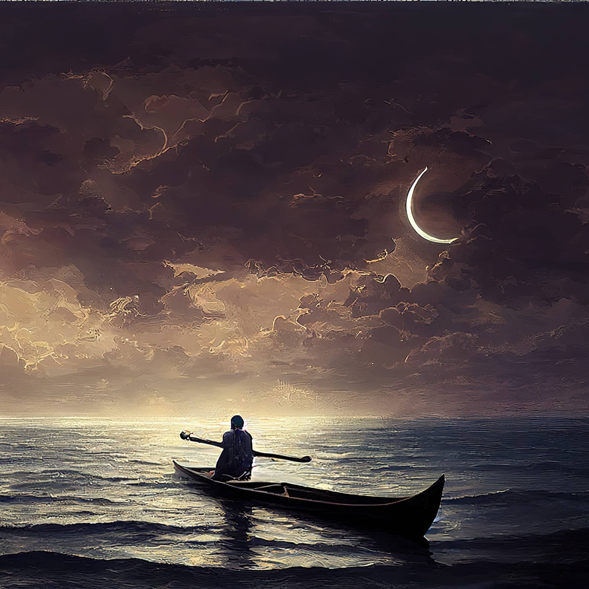 Boat sea looking crescent moon cloudy night sky 3d illustration