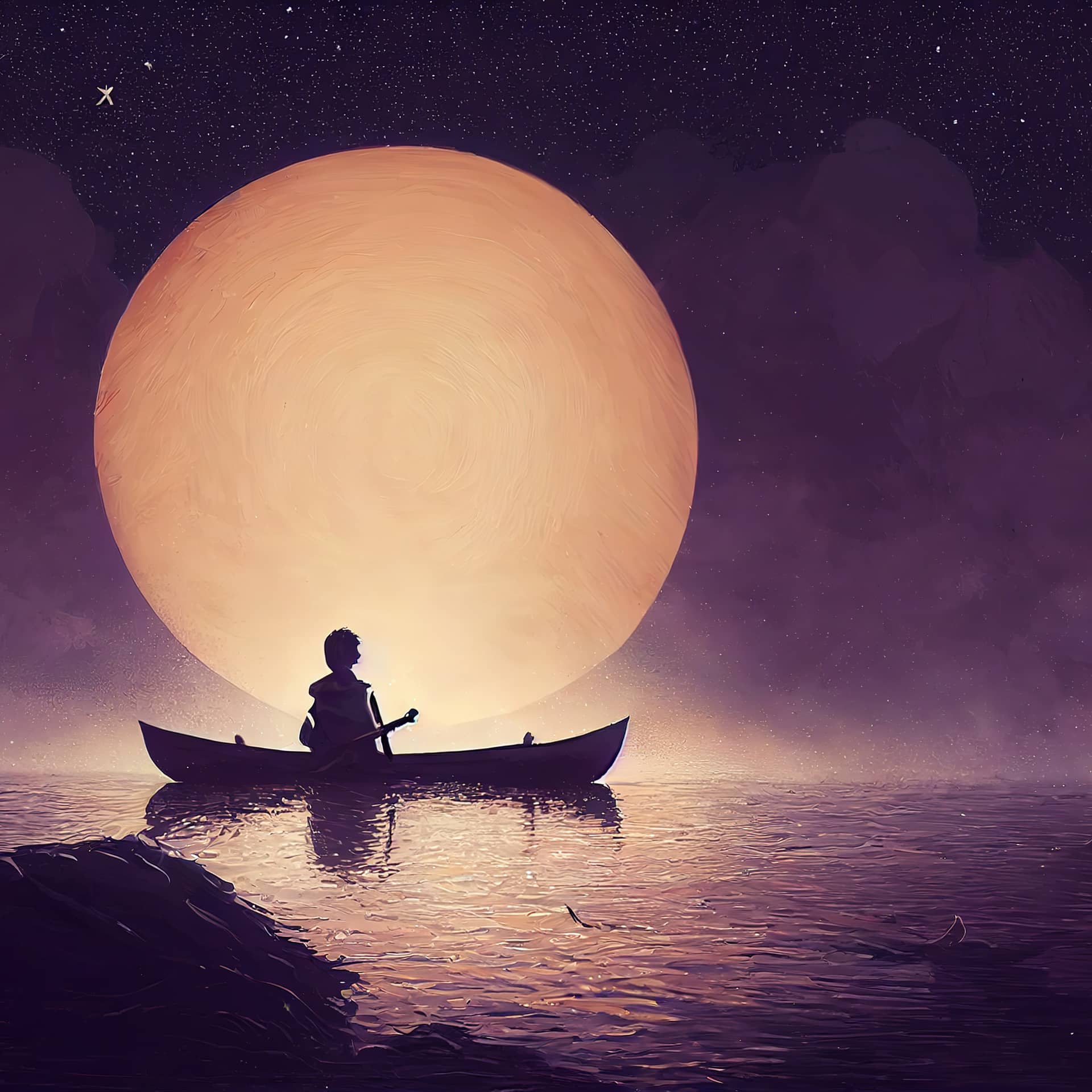 Floats along river near shore full moon night 3d illustration