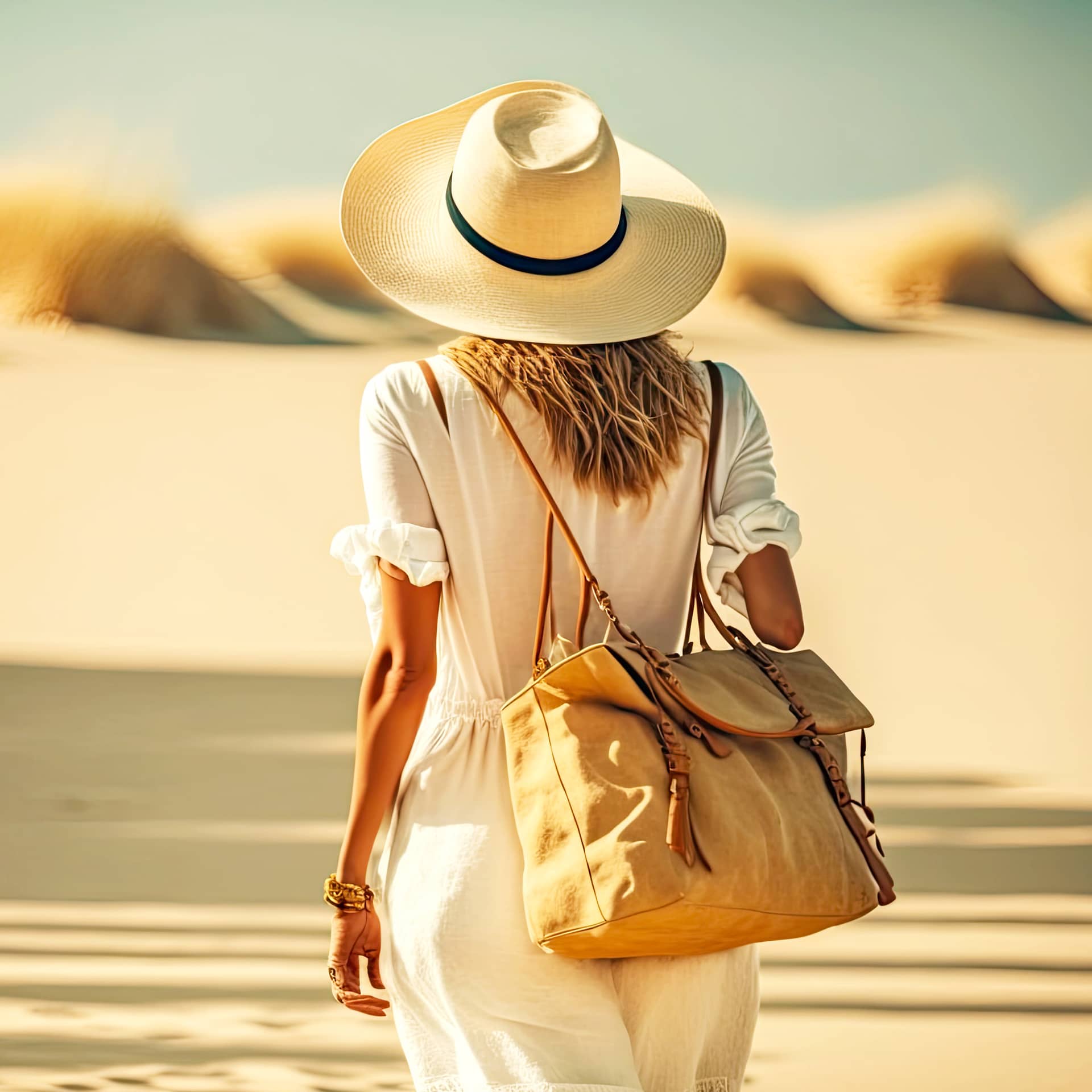 Hat light dress with beach women handbag walking along coast