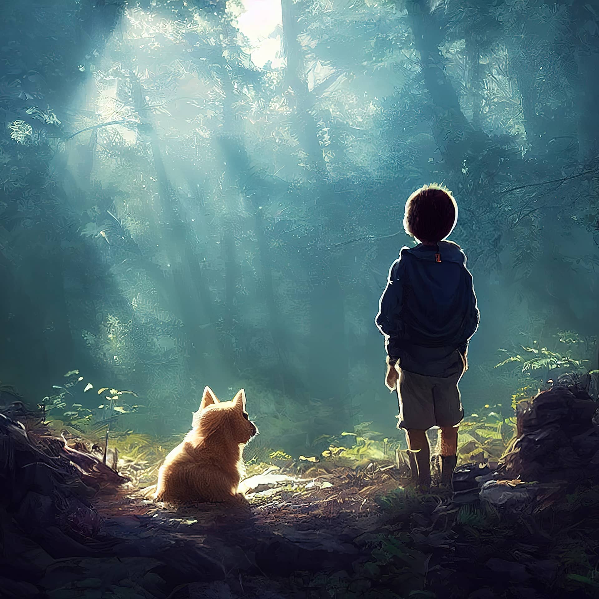 His puppy are standing clearing looking foggy forest 3d illustration