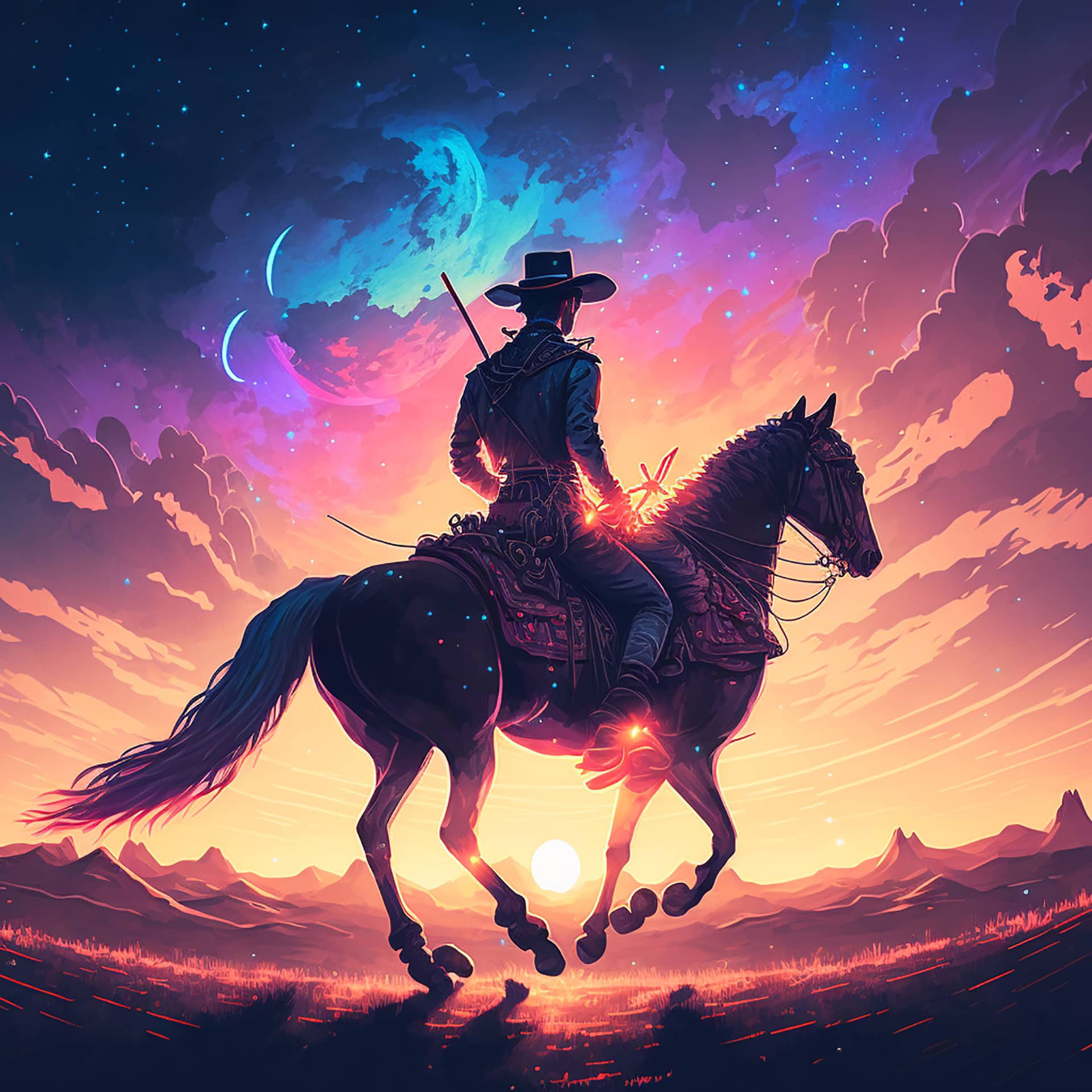 Horse against sunset sky with planets background digital art style