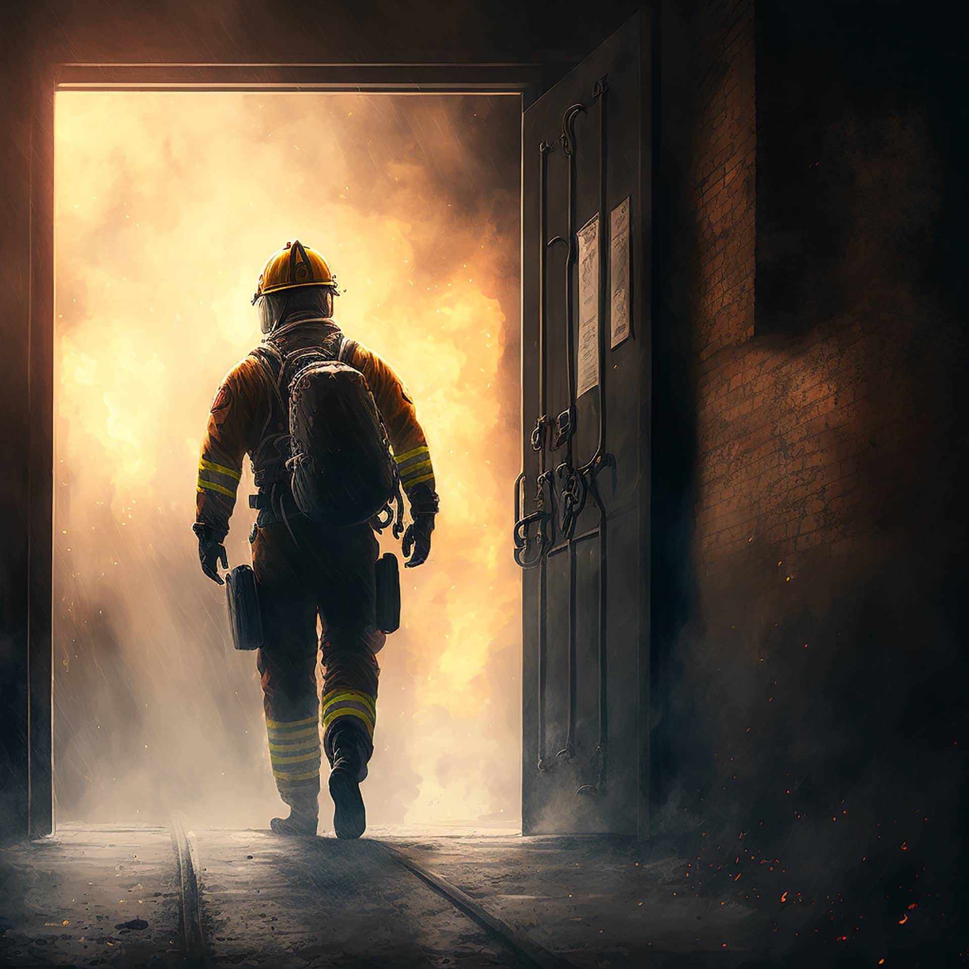 Pinterest profile picture firefighter entering building with fire