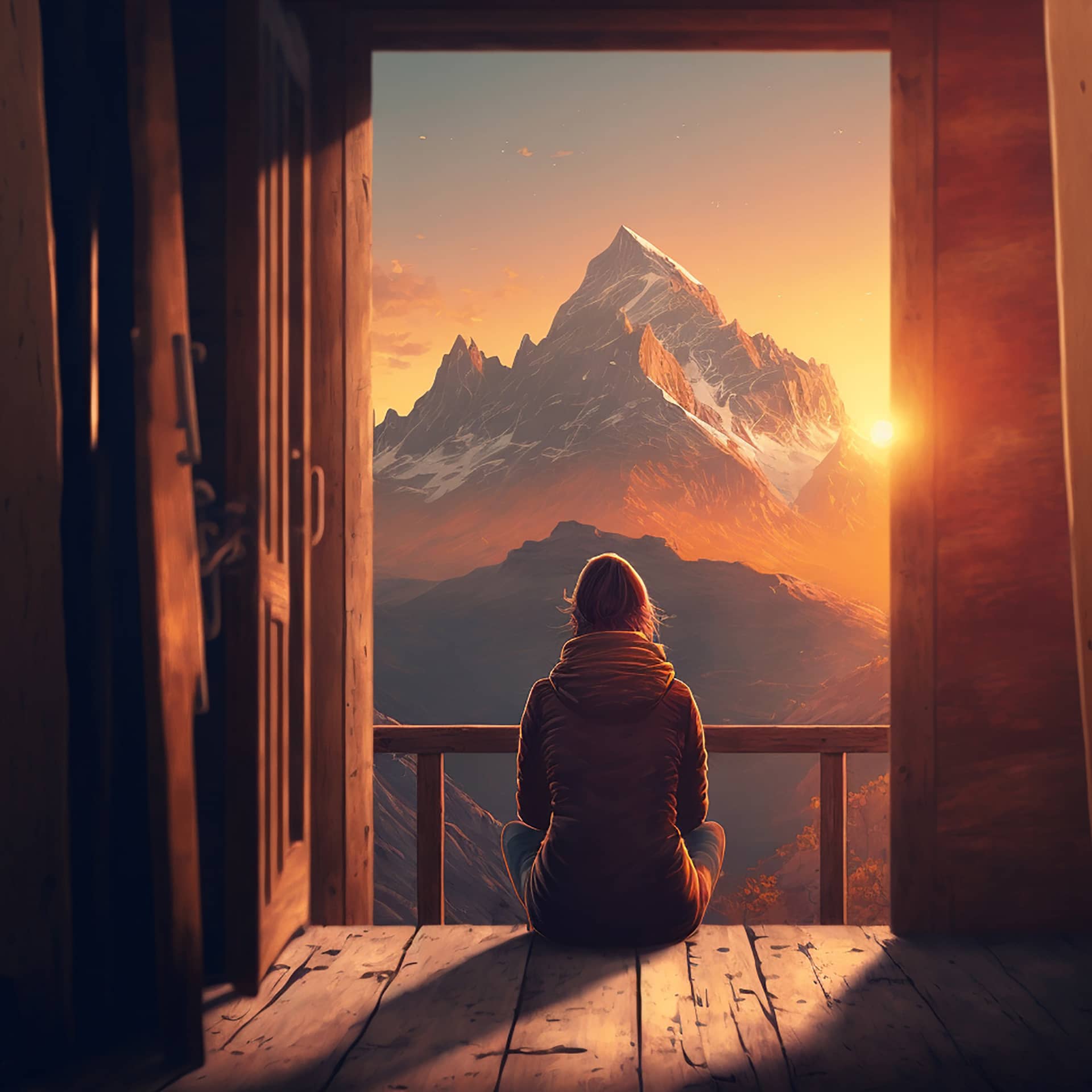 Woman sitting wooden porch extending into high mountain cliff image