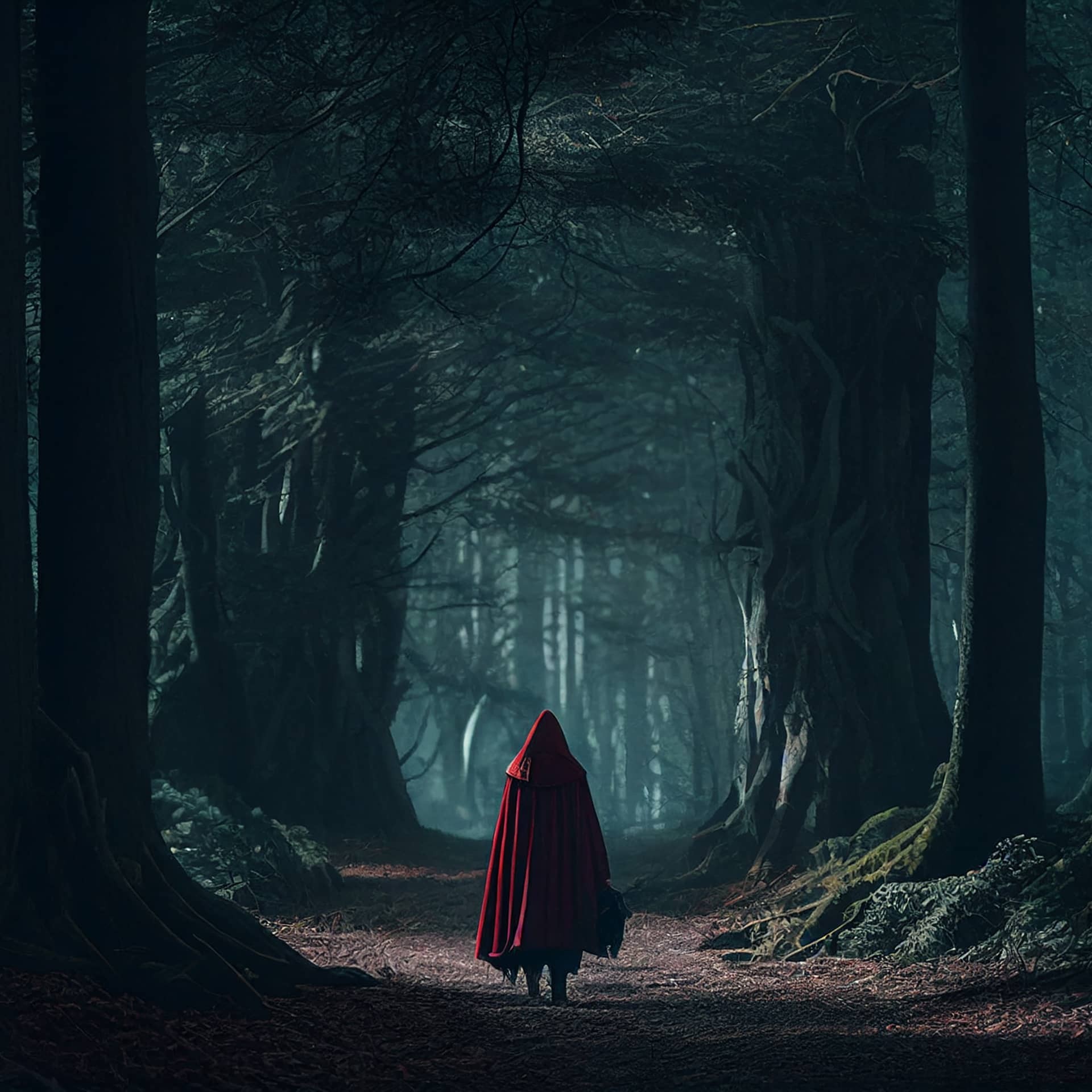 Woods somewhere red riding hood cinematic horror image