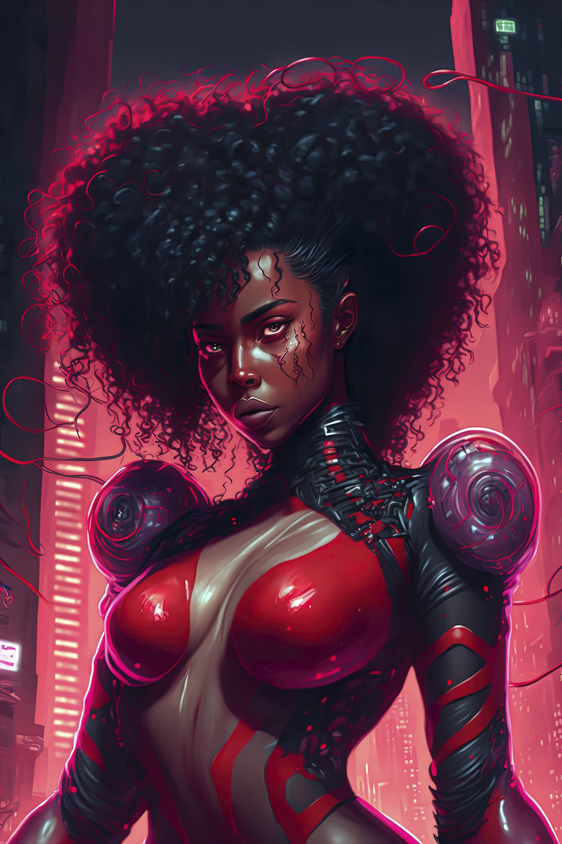 Woman red black outfit standing front city cyberpunk art