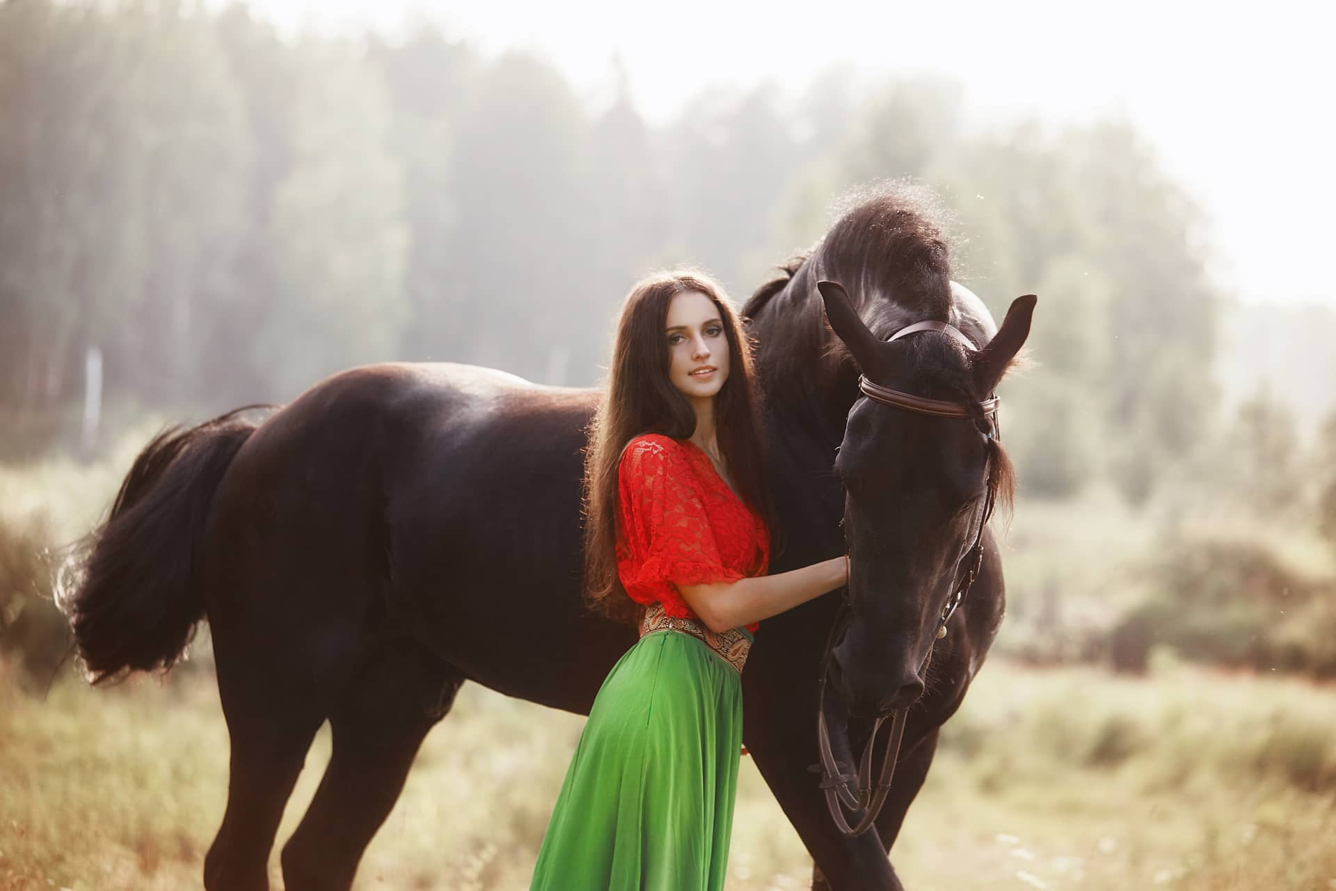 Woman with long hair strokes caresses horse standing green grass