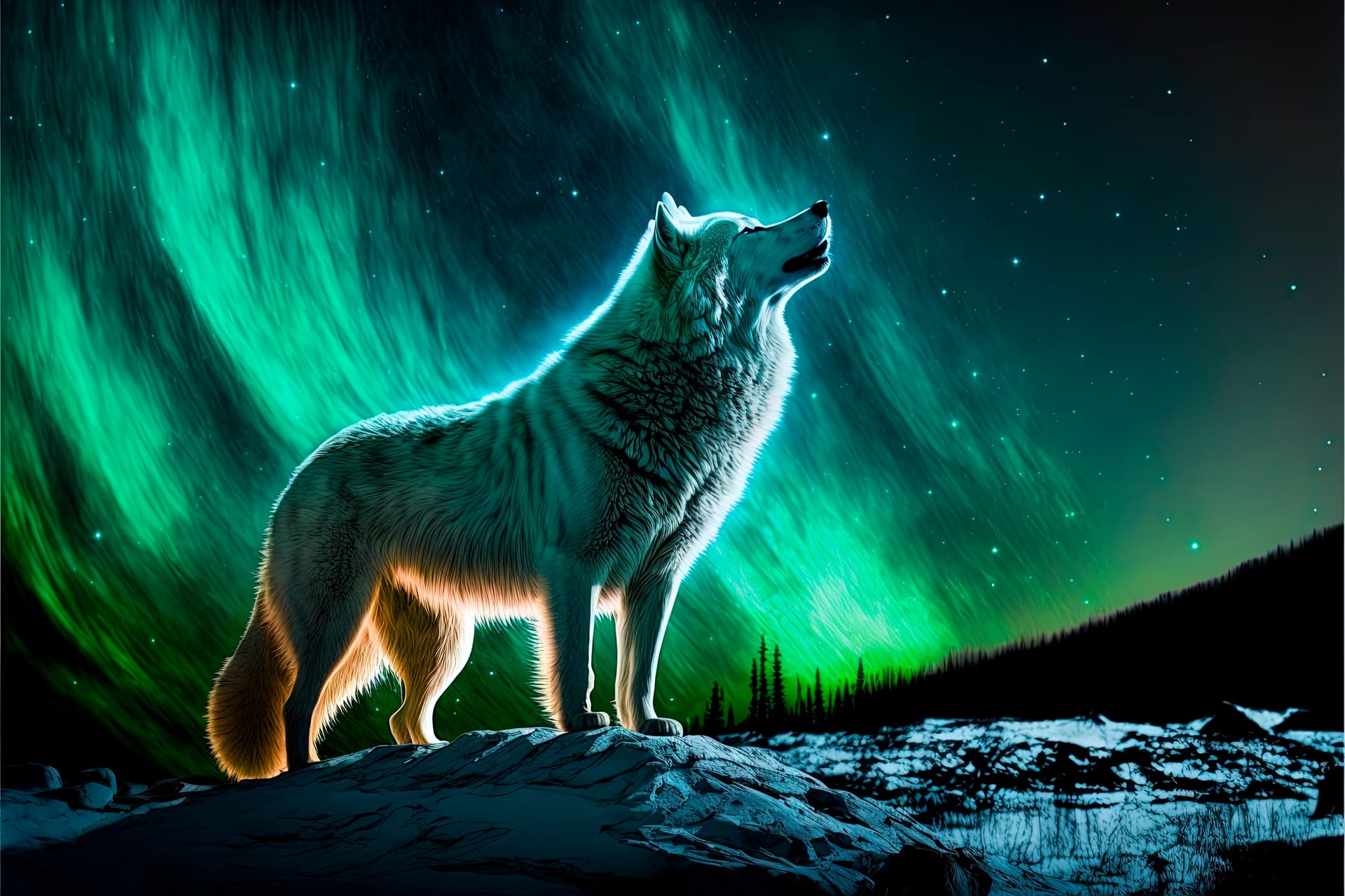 Lone wolf sings his song top night digital art