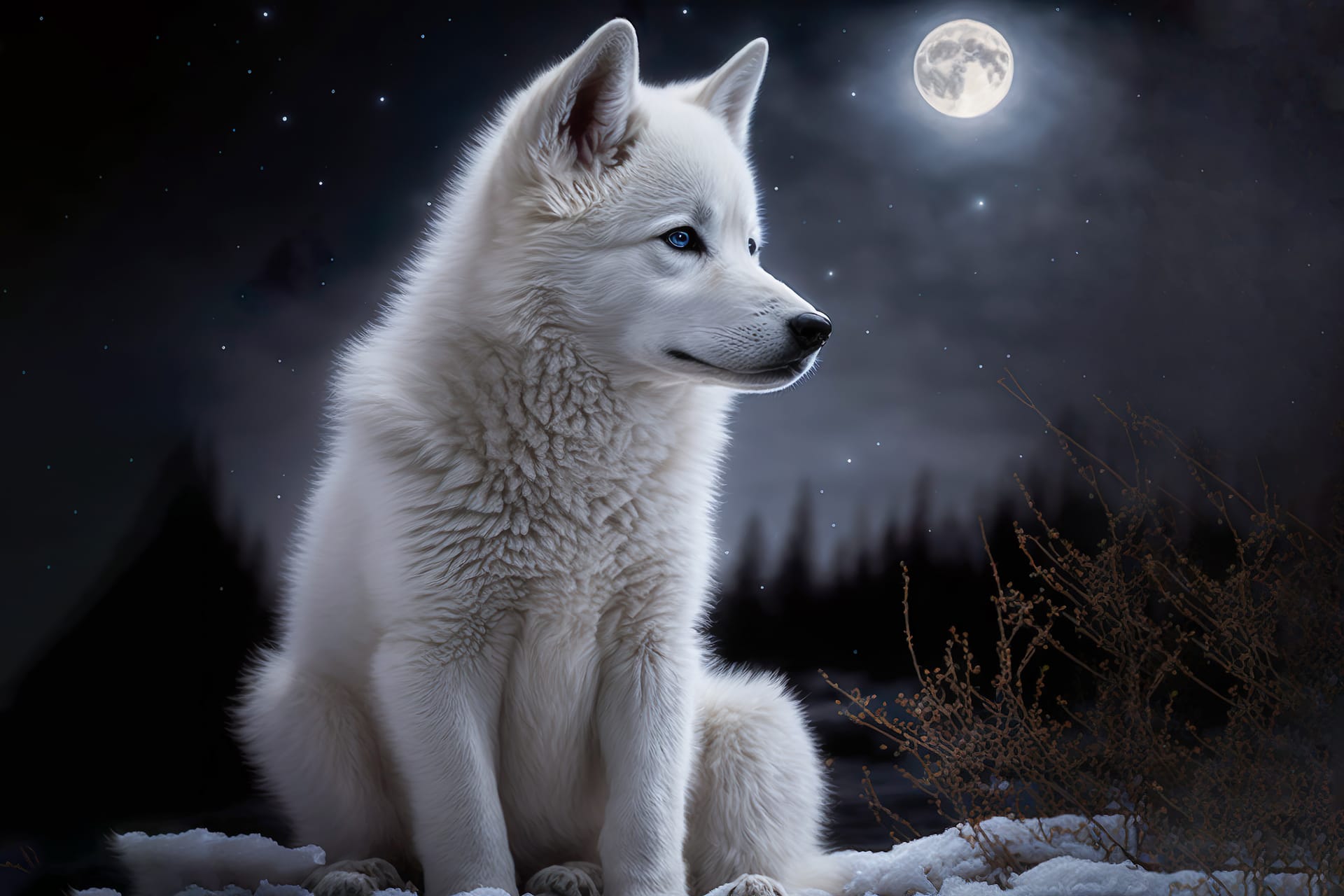 Portrait cute wolf baby puppy playing winter snow