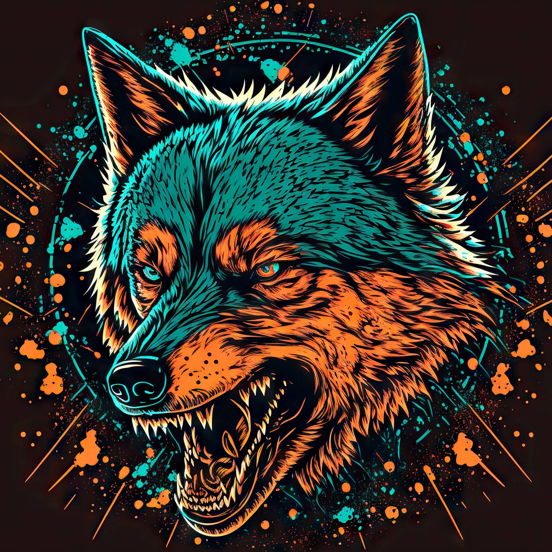 Wolf logo design embroidery growling dangerous wolf head dark background