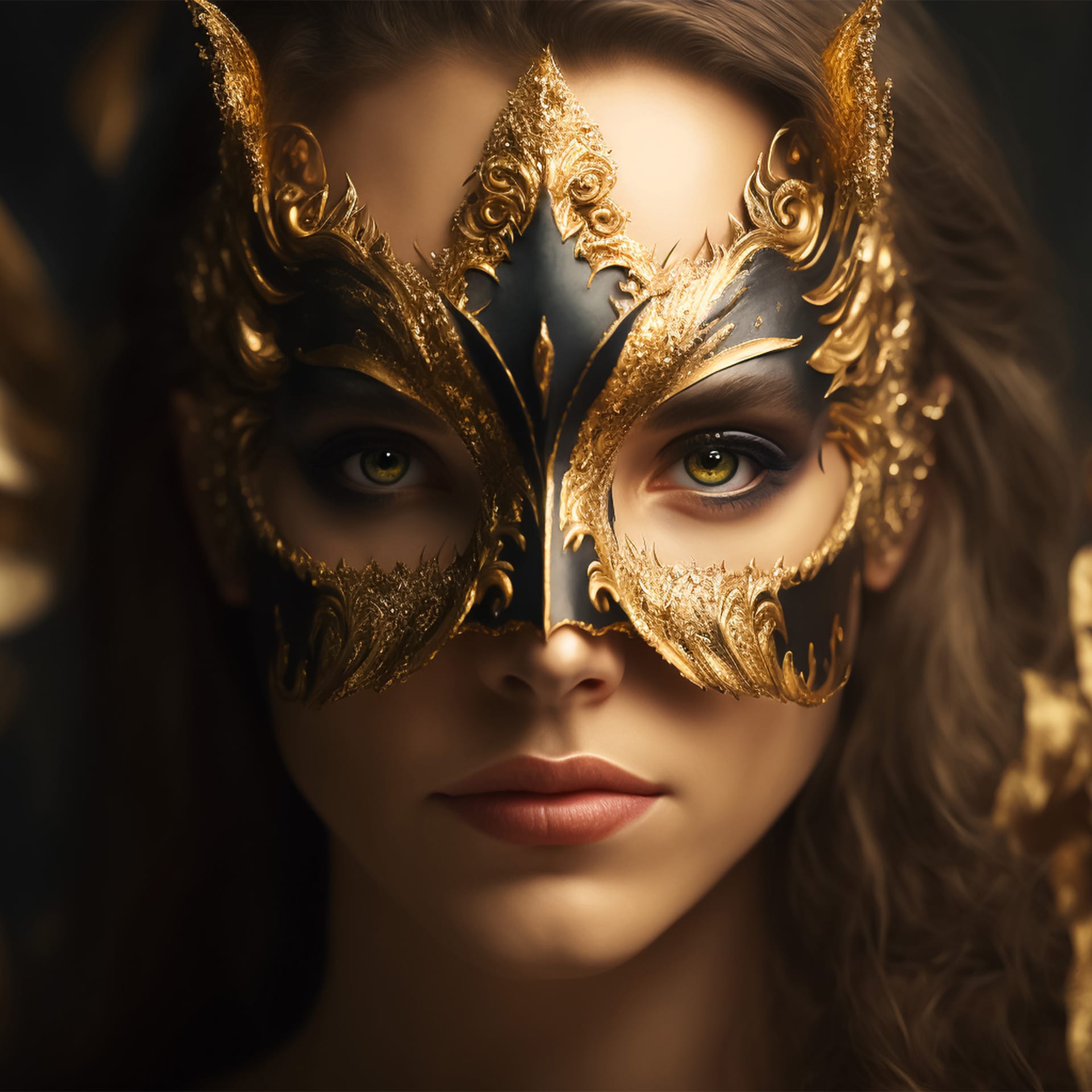 Beautiful woman front view wearing carnival gold mask