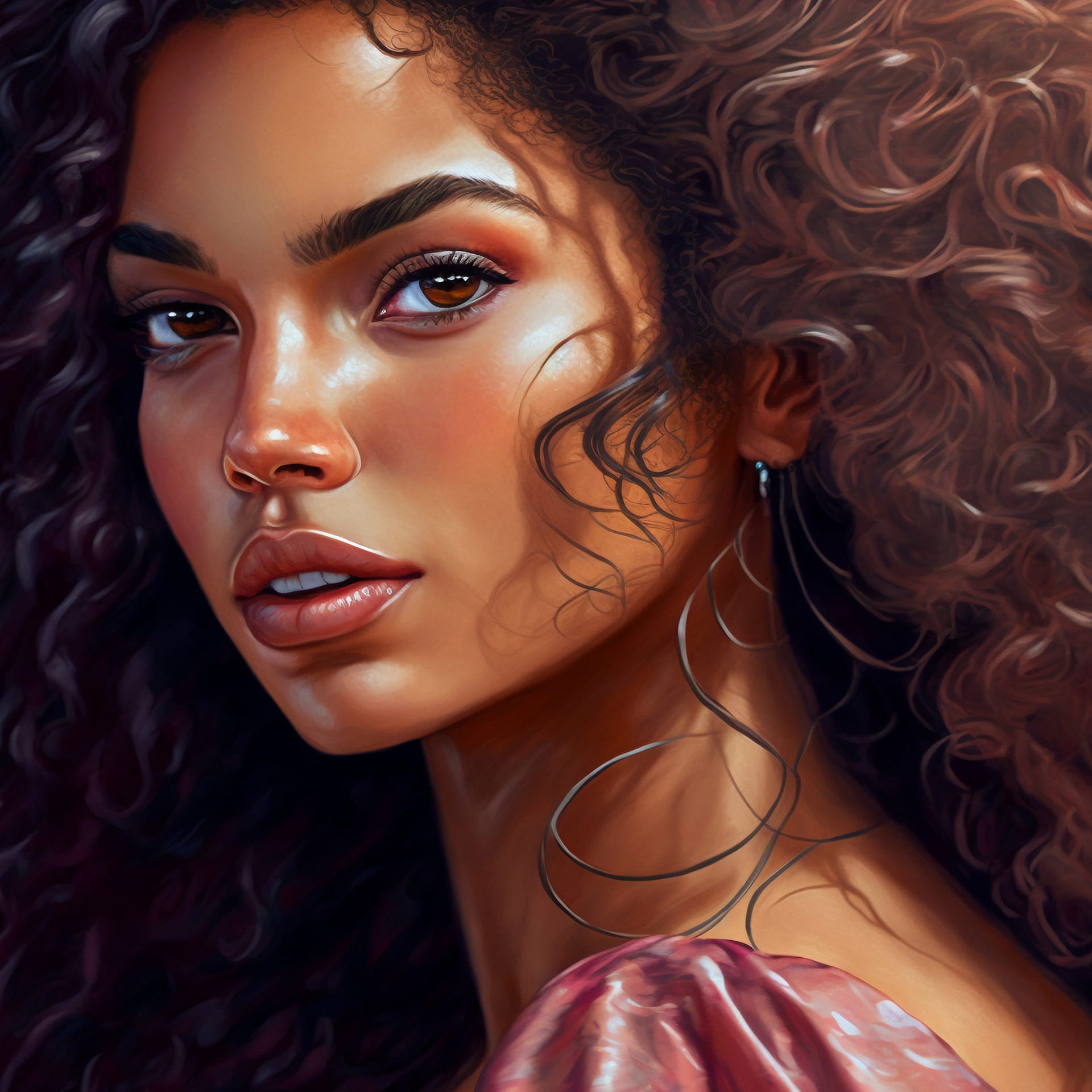 Close up portrait beautiful woman with curly hair digital fine art