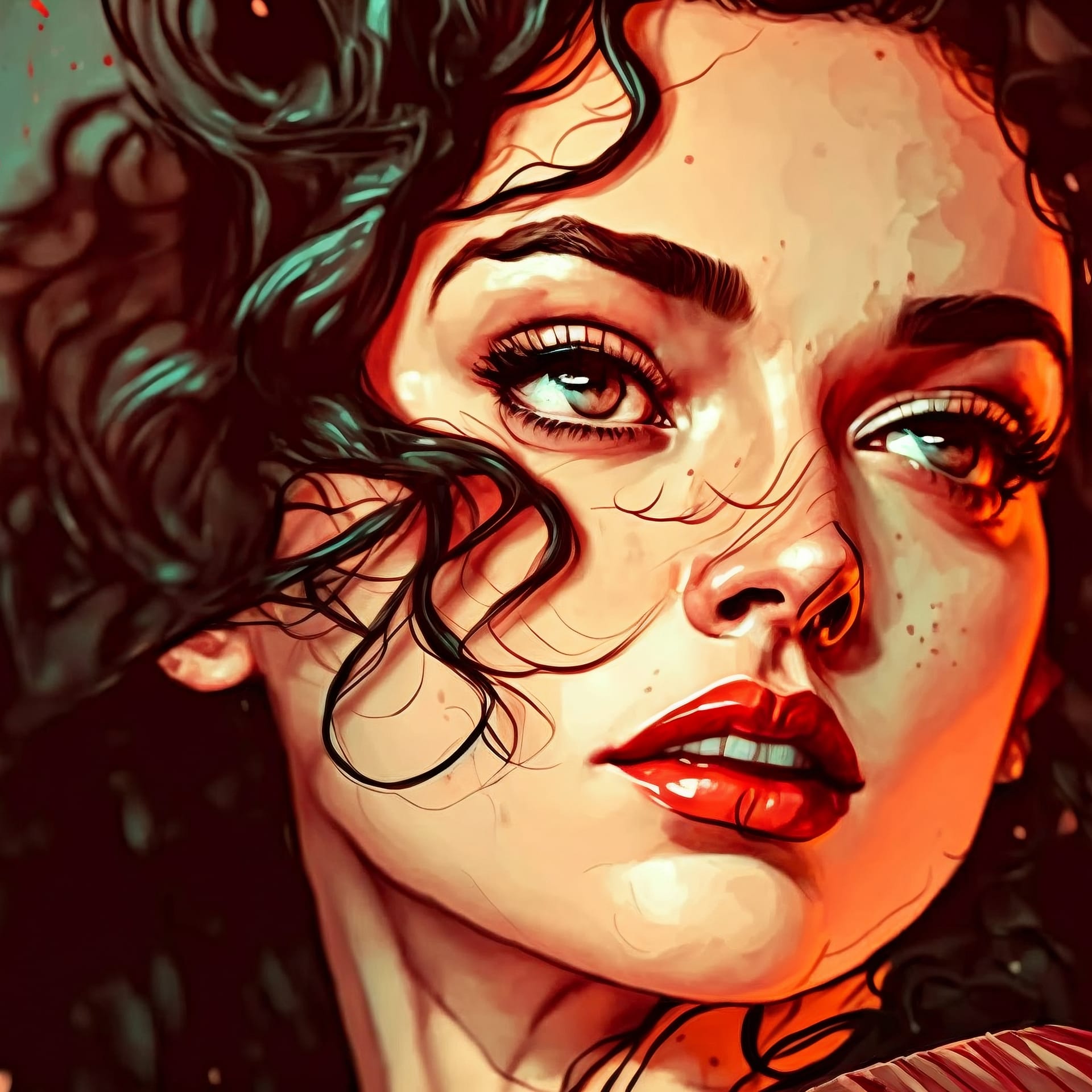 Close up portrait beautiful woman with curly hair digital painting artwork