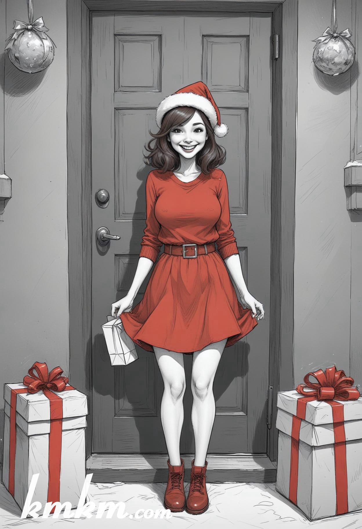 Black and white christmas girl cartoon drawing 01