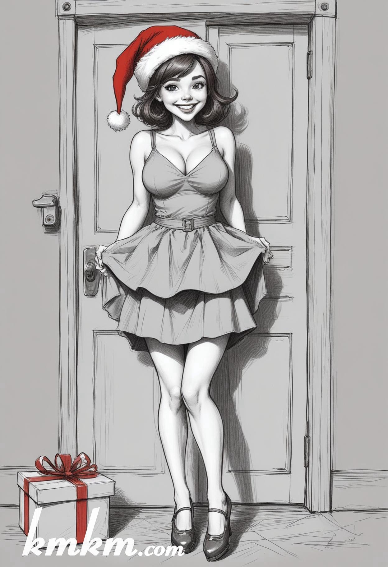 Black and white christmas girl cartoon drawing 02