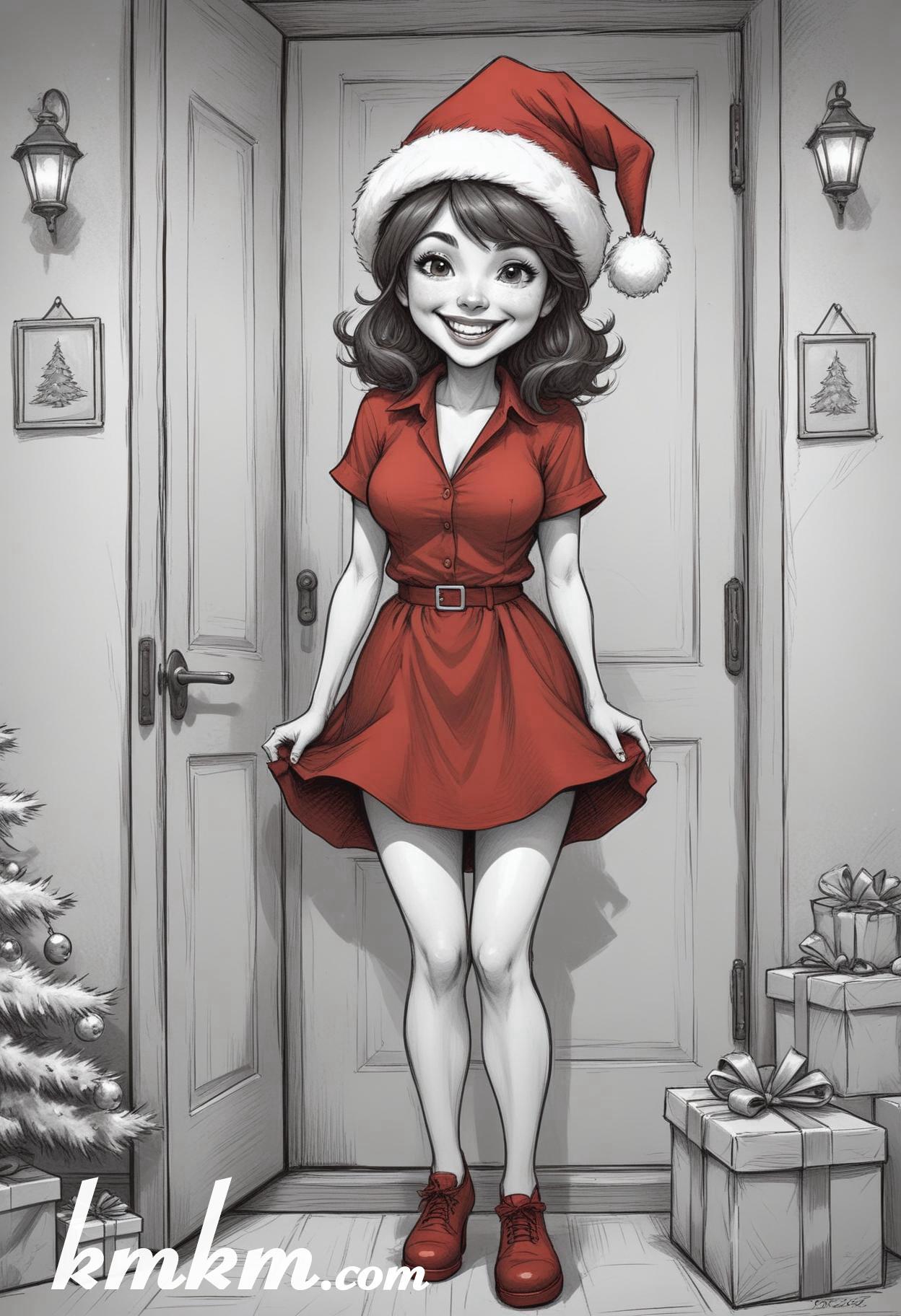 Black and white christmas girl cartoon drawing 03