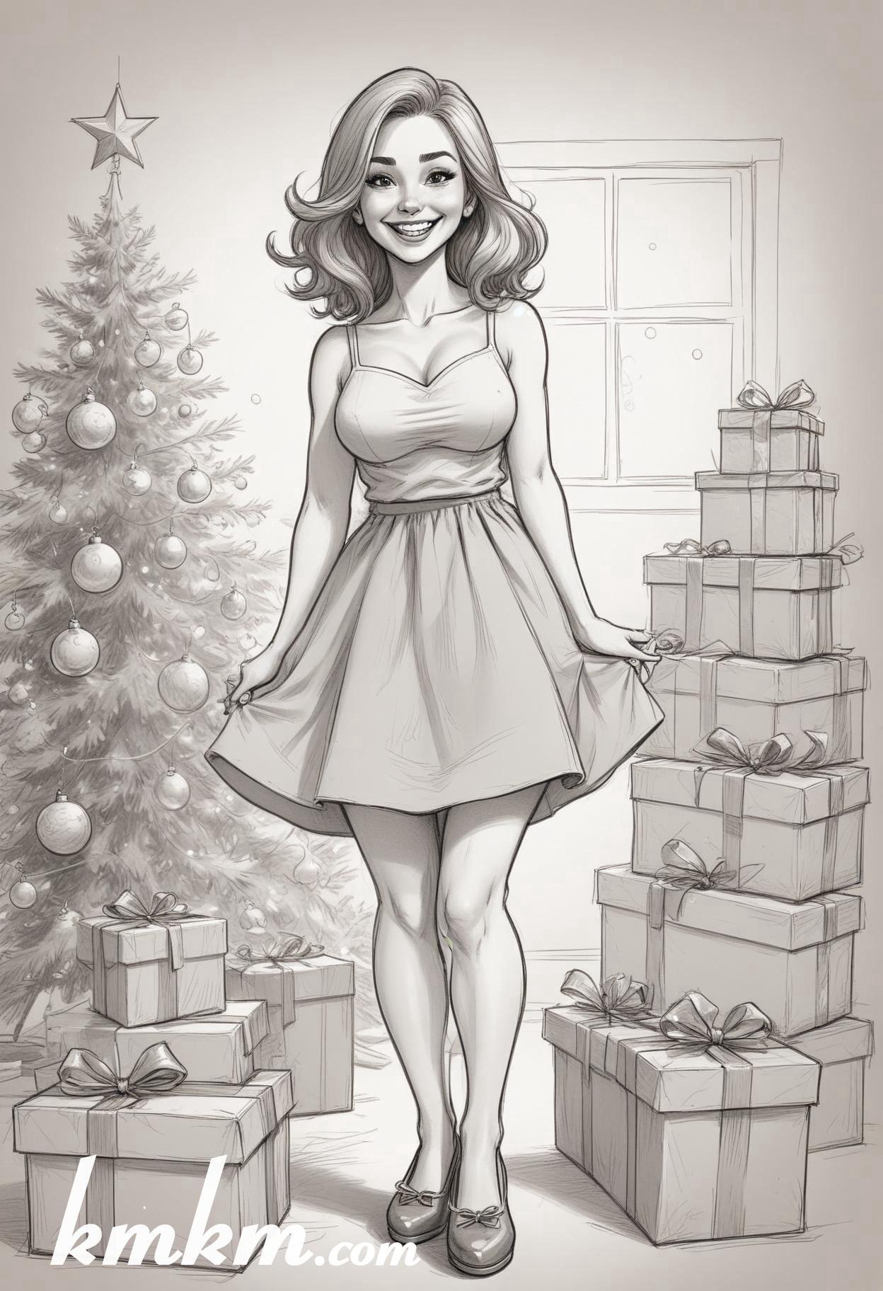 Black and white christmas girl cartoon drawing 04