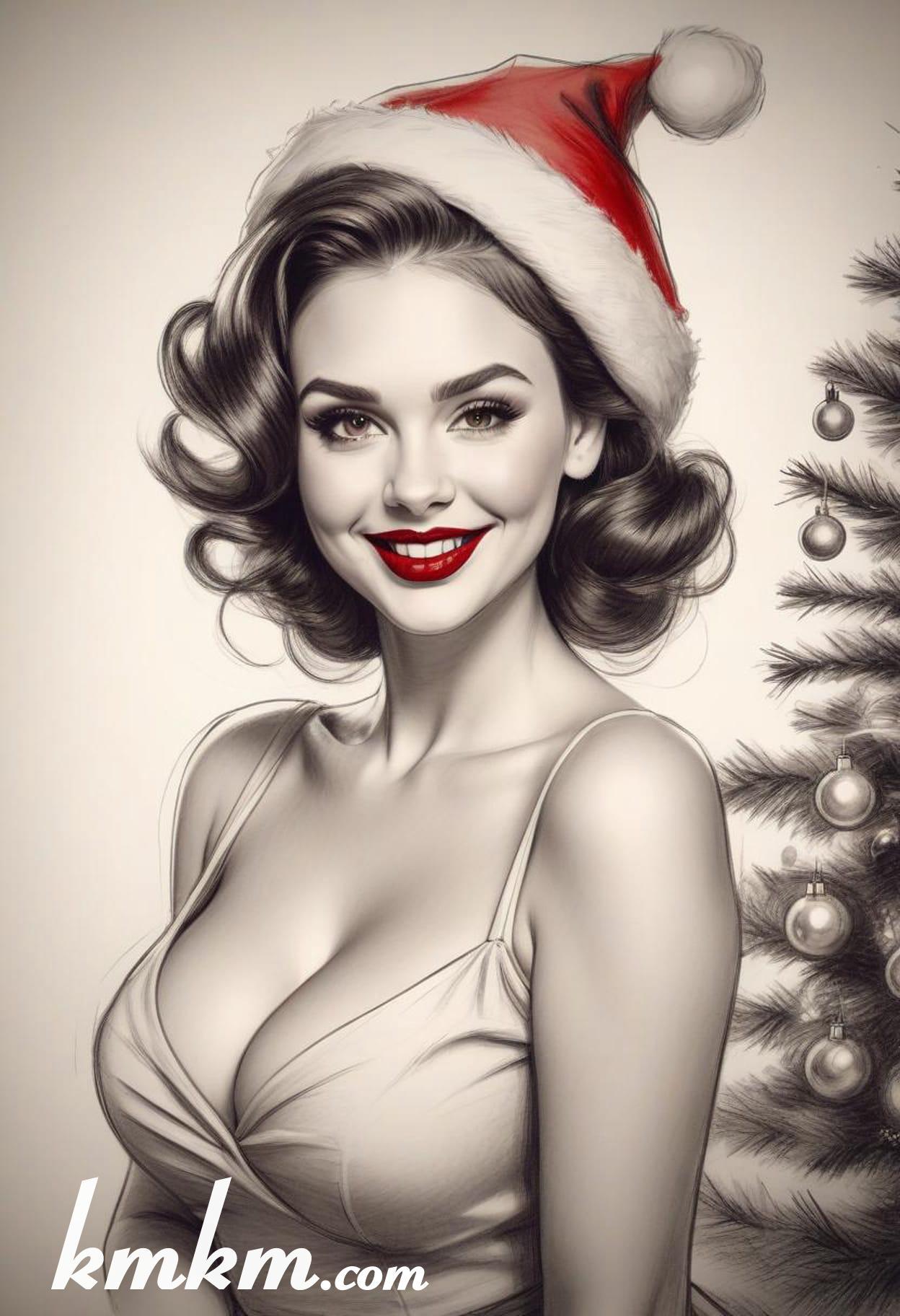 Black and white christmas girl cartoon drawing 05