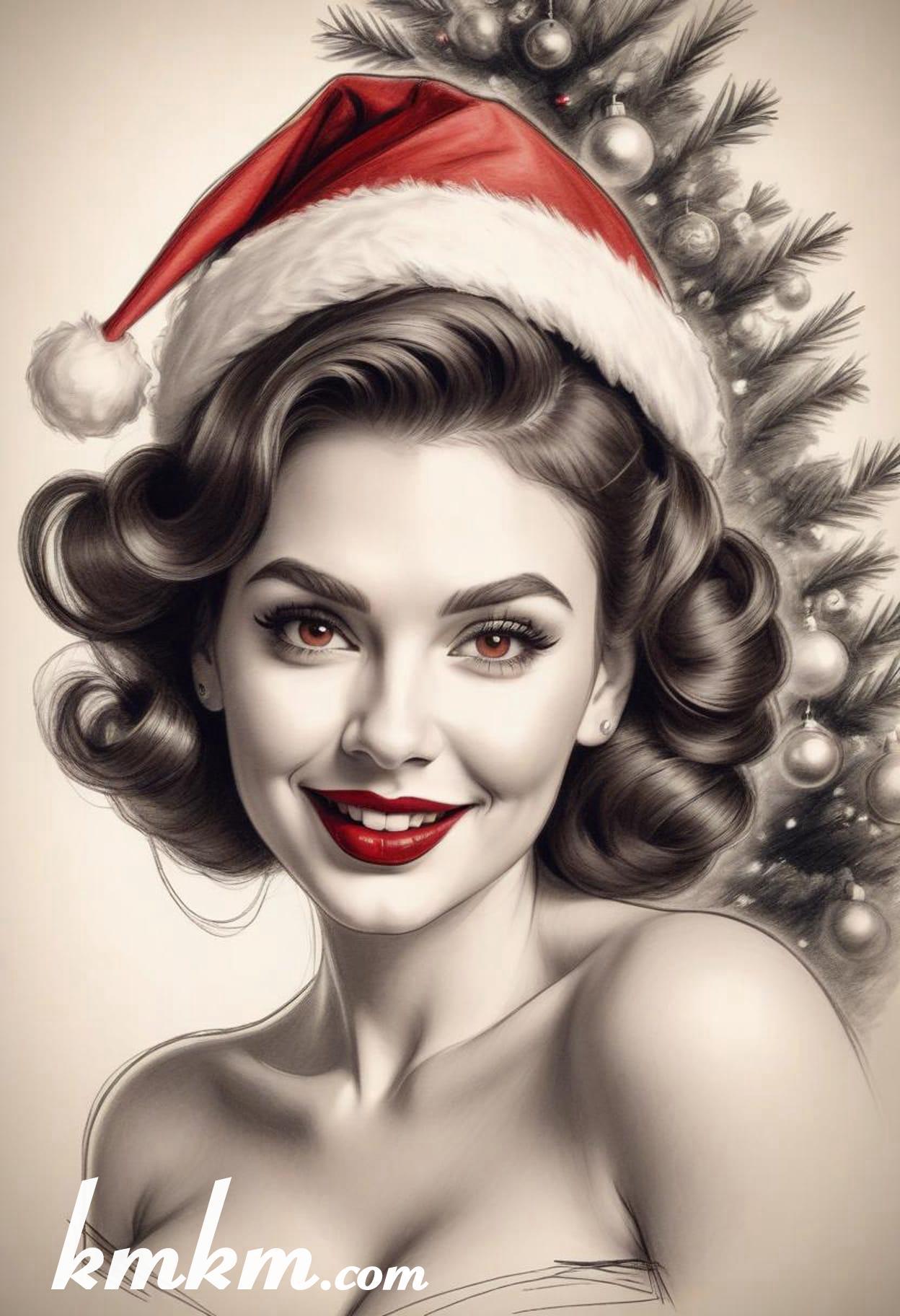 Black and white christmas girl cartoon drawing 06