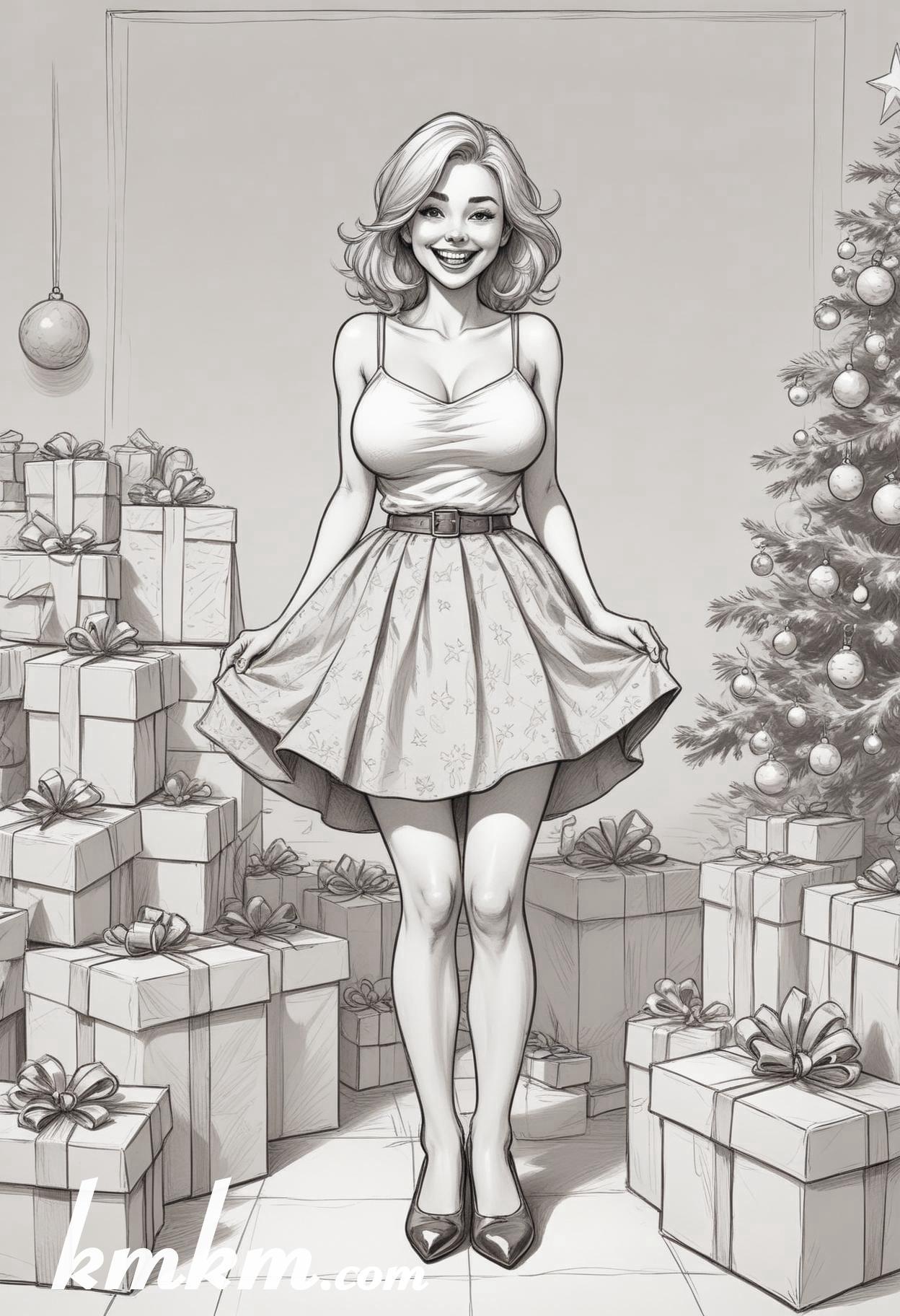 Black and white christmas girl cartoon drawing 07
