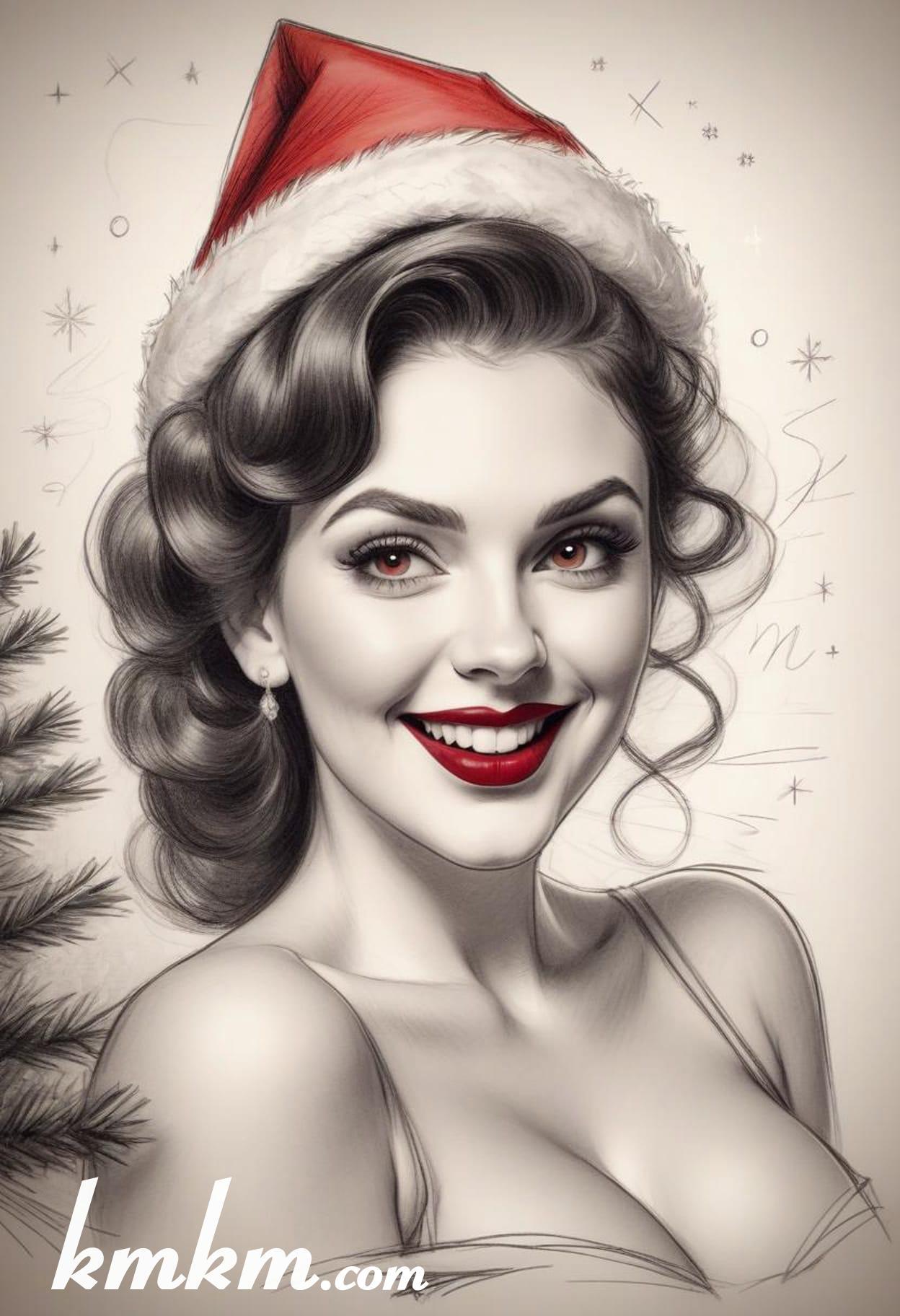 Black and white christmas girl cartoon drawing 08