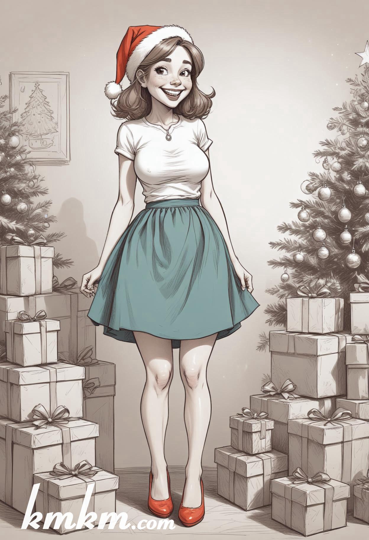 Black and white christmas girl cartoon drawing 09
