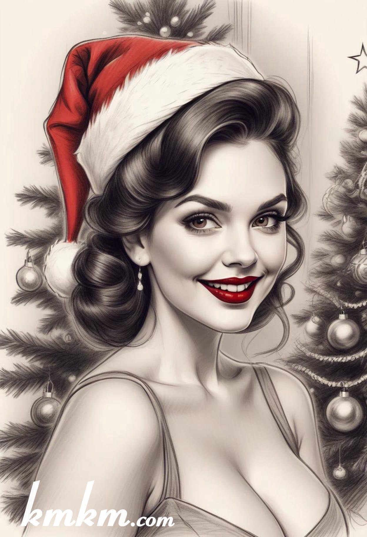 Black and white christmas girl cartoon drawing 11