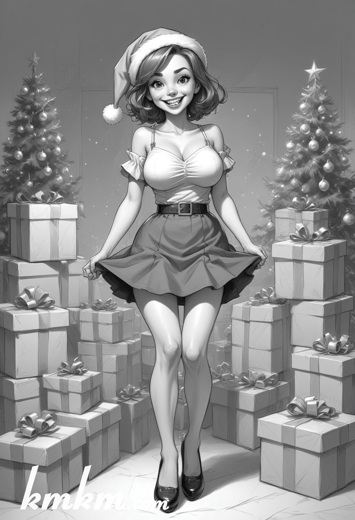 Black and white christmas girl cartoon drawing 12