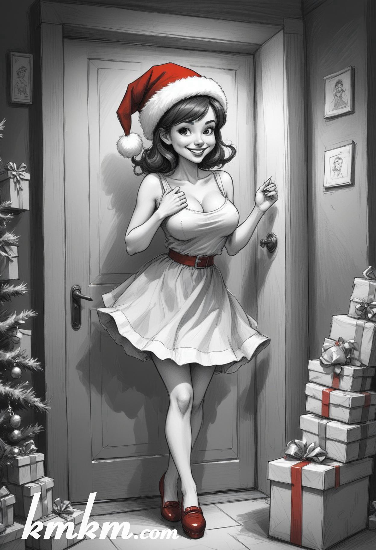Black and white christmas girl cartoon drawing 13