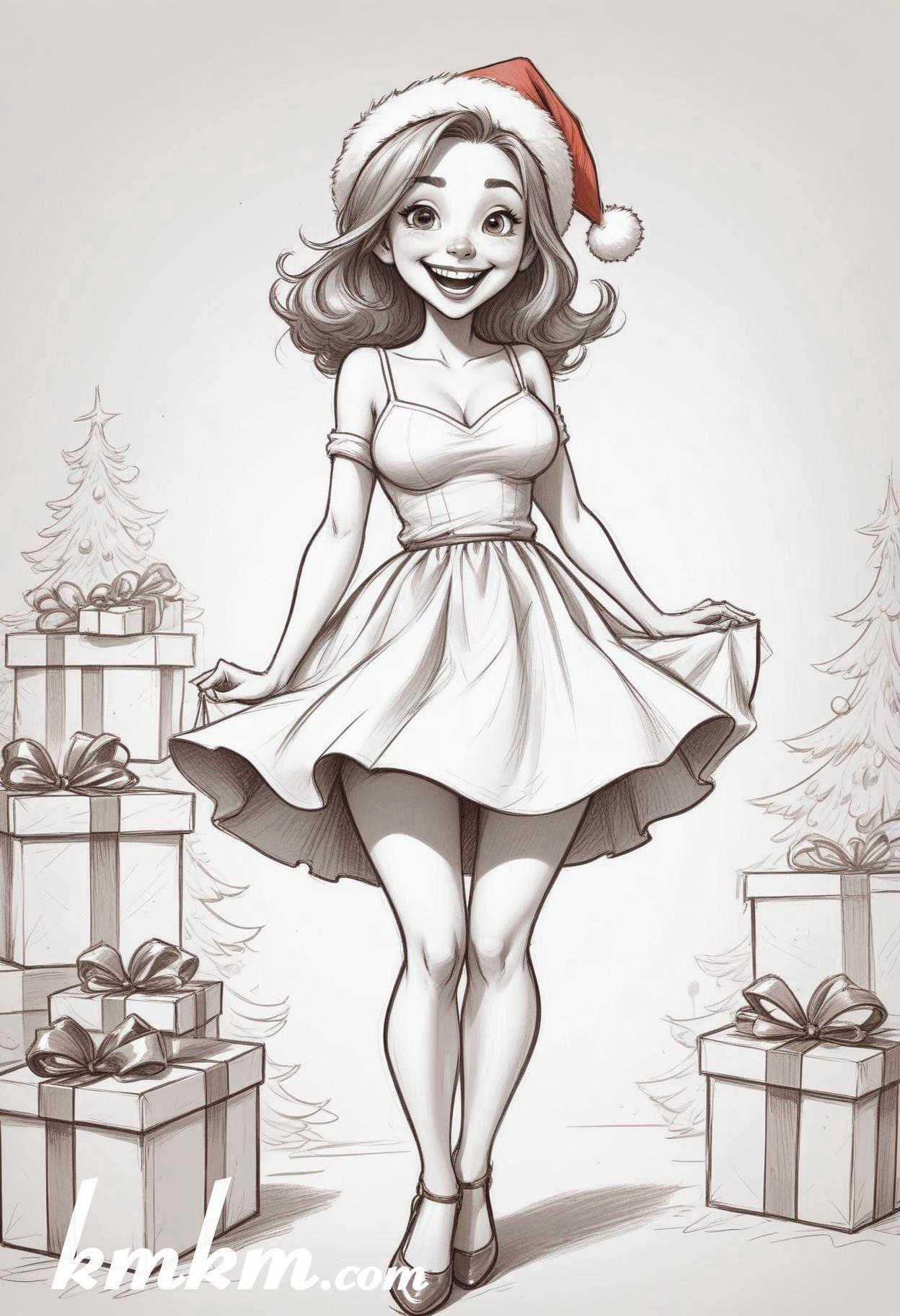 Black and white christmas girl cartoon drawing 14