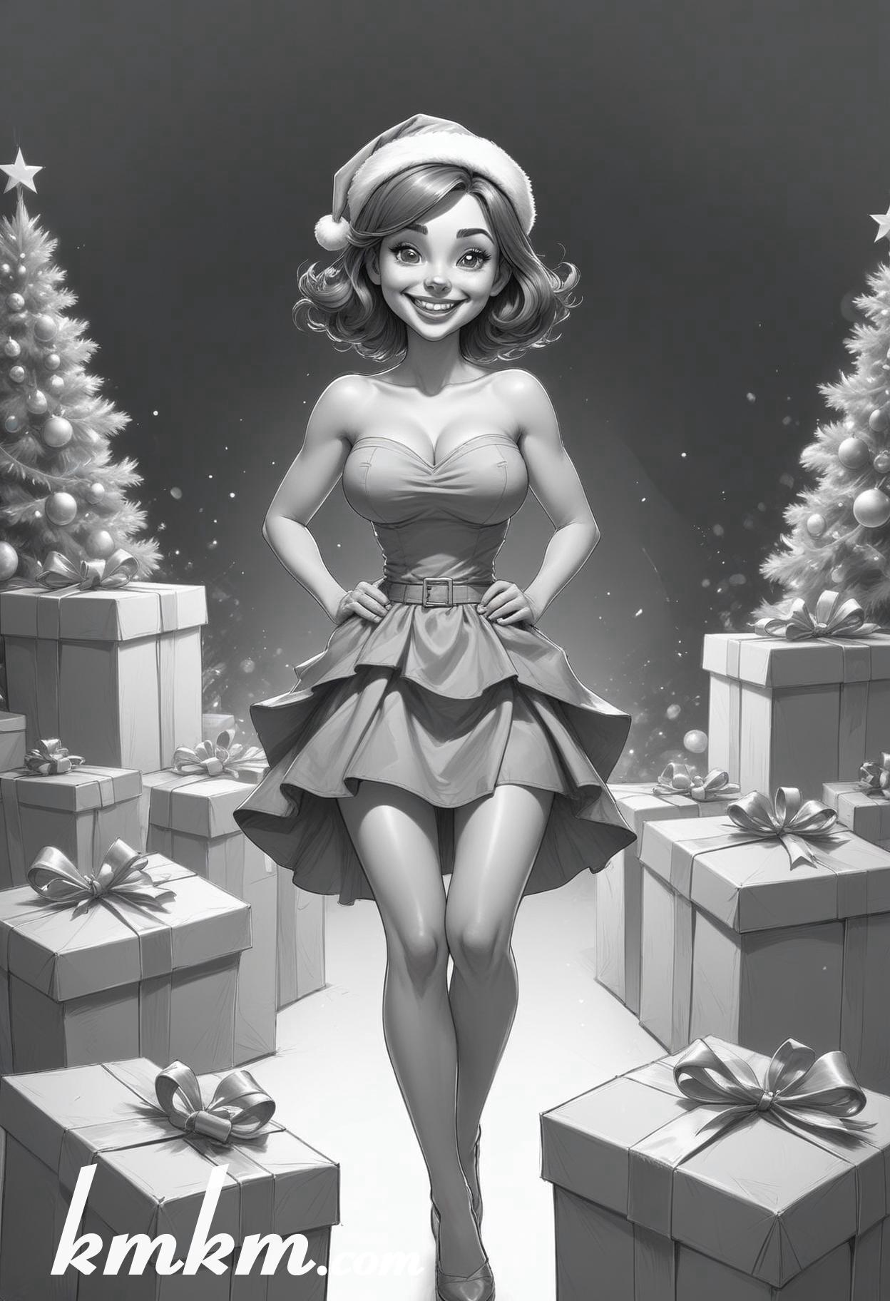 Black and white christmas girl cartoon drawing 16
