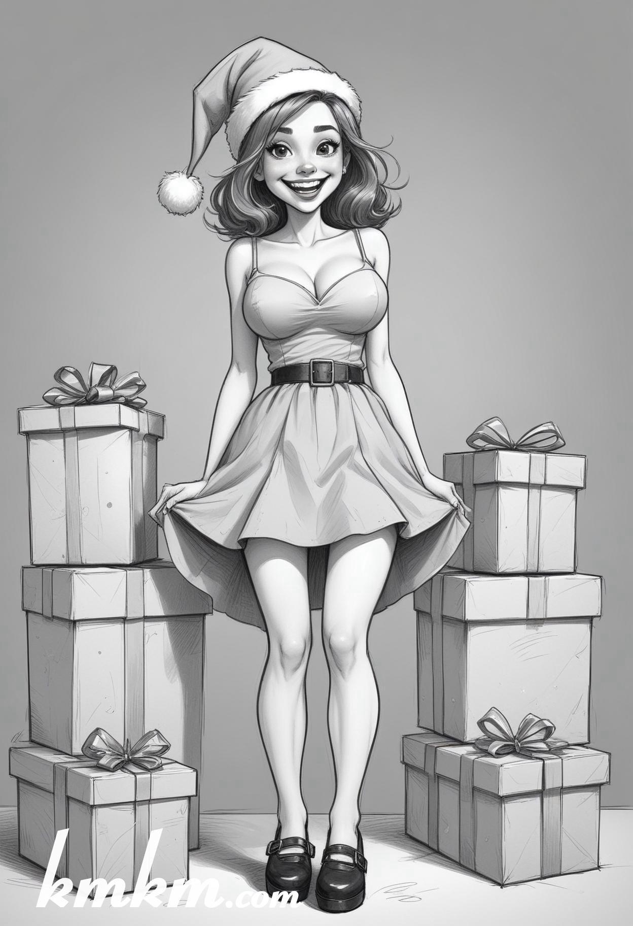 Black and white christmas girl cartoon drawing 17